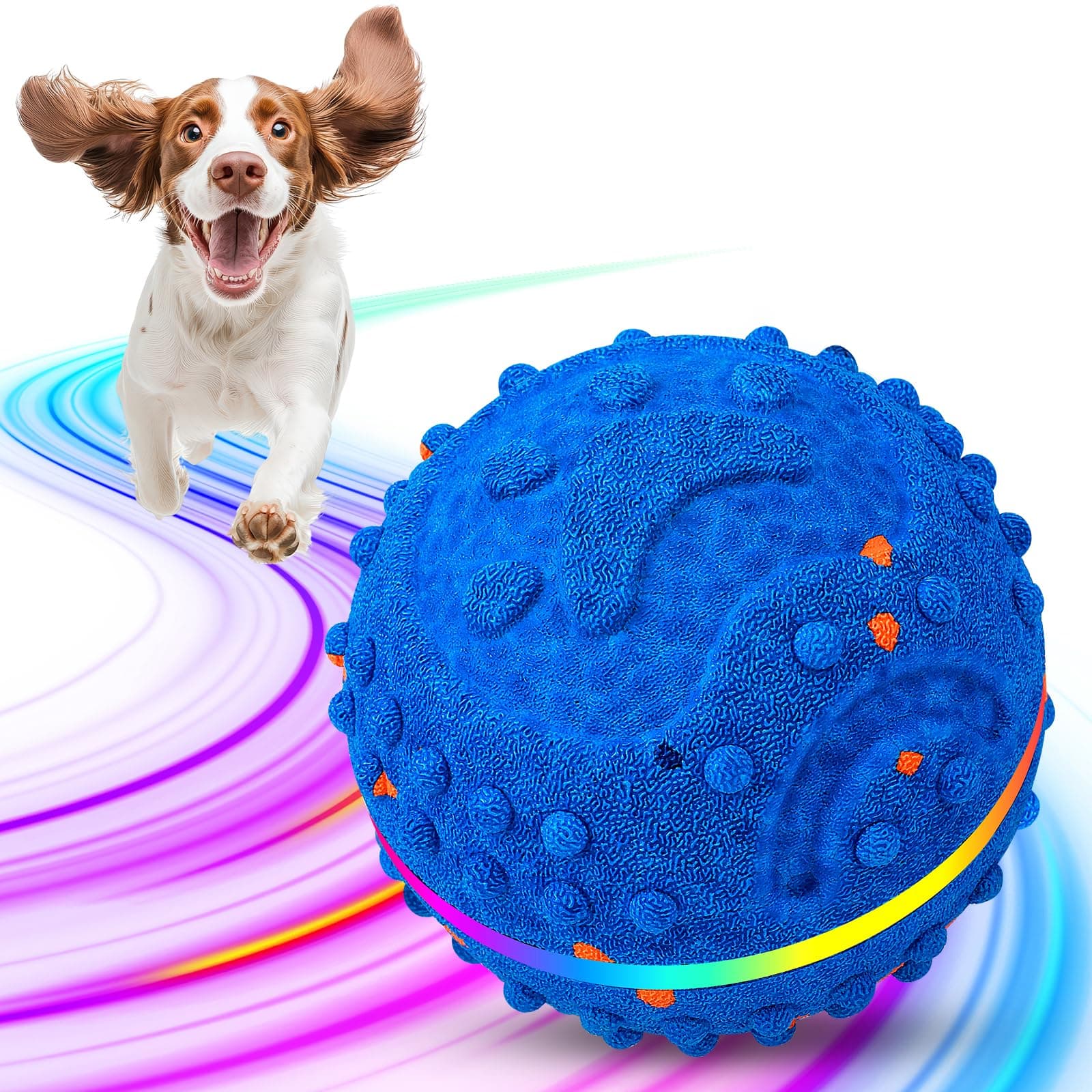 Flashseen Interactive Dog Toys Ball, Self-Rolling & Bouncing Ball with RGB Colorful Lights to Keep Them Busy, E-TPU Material, 3 Play Modes, Type-C Charging, Moving Dog Toy for Dogs Puppies (Blue)