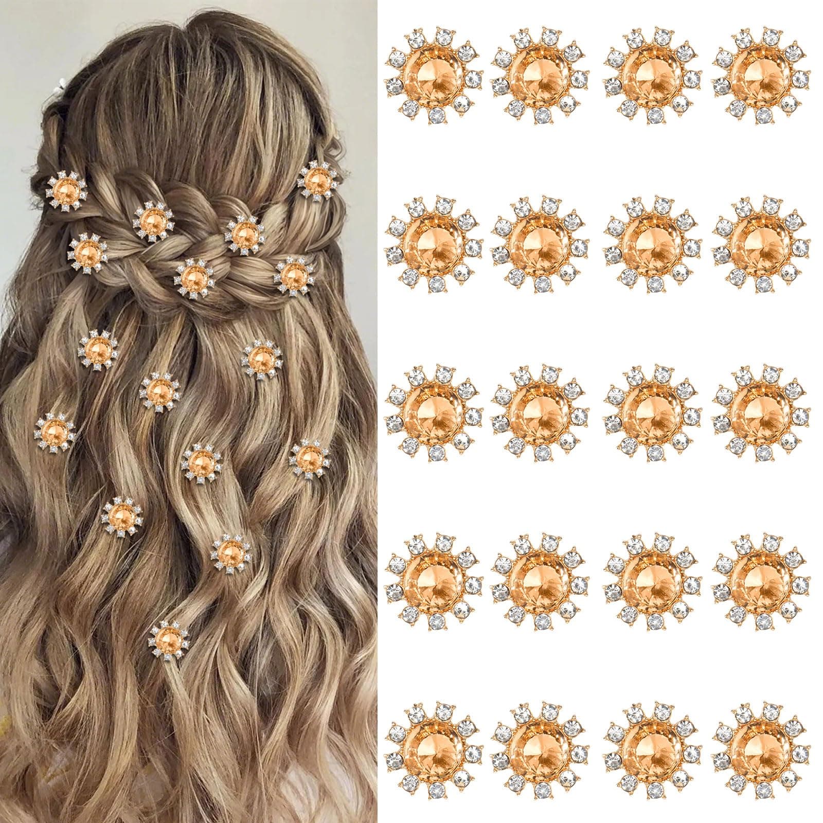 YISSION 20 Pcs Mini Rhinestone Hair Clips Small Crystal Flower Hair Pins Decorative Hair Clips Wedding Bridal Hair Accessories for Girls Women（Champagne Rhinestones)
