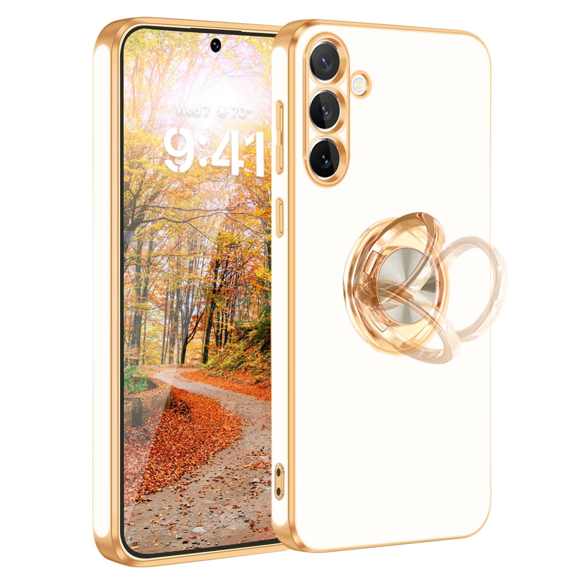 Fingic for Galaxy S24 Plus Case[with 360°Rotatable Ring Holder Stand][Support Magnetic Car Mount] Shiny Plating Gold Slim Thin Soft TPU Shockproof Case for Samsung Galaxy S24 Plus for Women Men,White