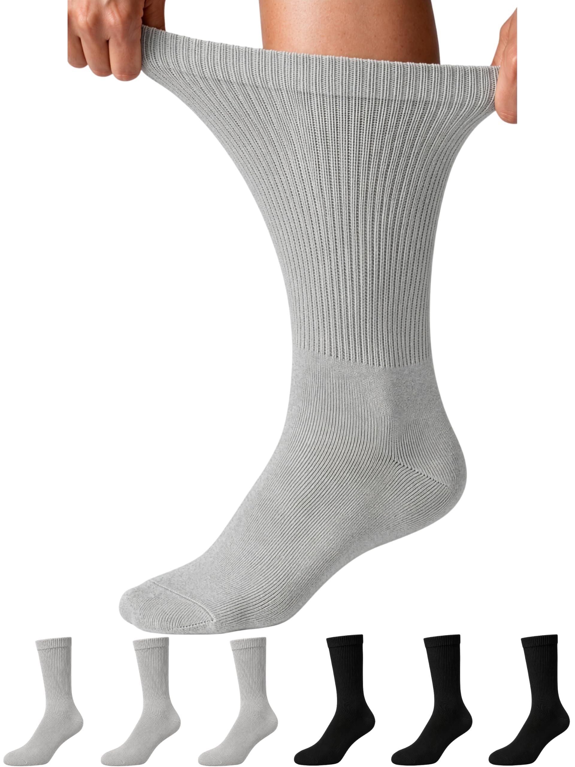 Special Essentials 6 Pairs Non-Binding Cotton Diabetic Crew Socks With Extra Wide Top For Men and Women (as1, alpha, m, regular, regular, Black/Grey)