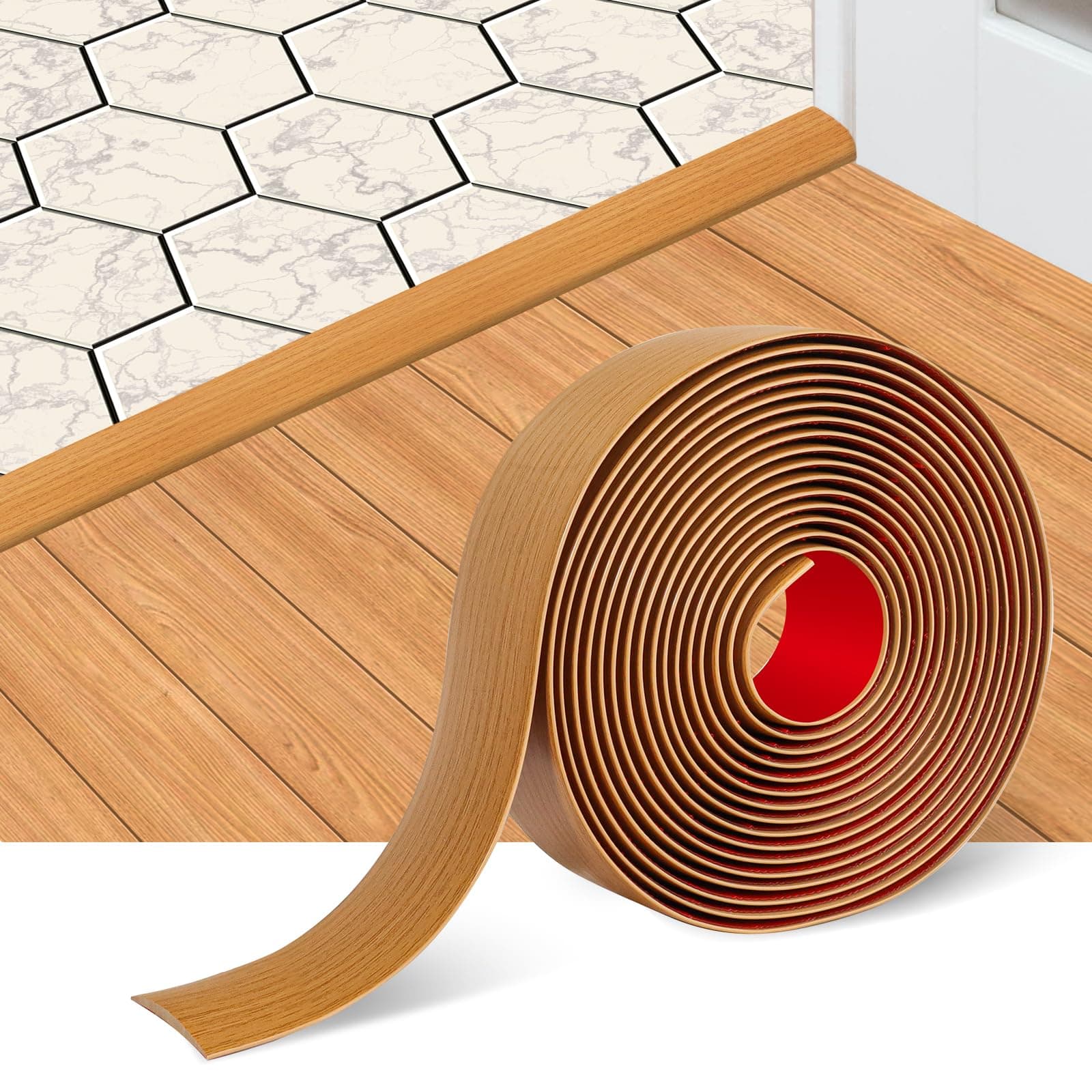 Floor Transition Strip Self Adhesive Floor Cover Strips Laminate 2" Wide Vinyl Flat Divider Transitions Elegant Wood Grain Design (5cm, 3.3Ft, Light Brown)
