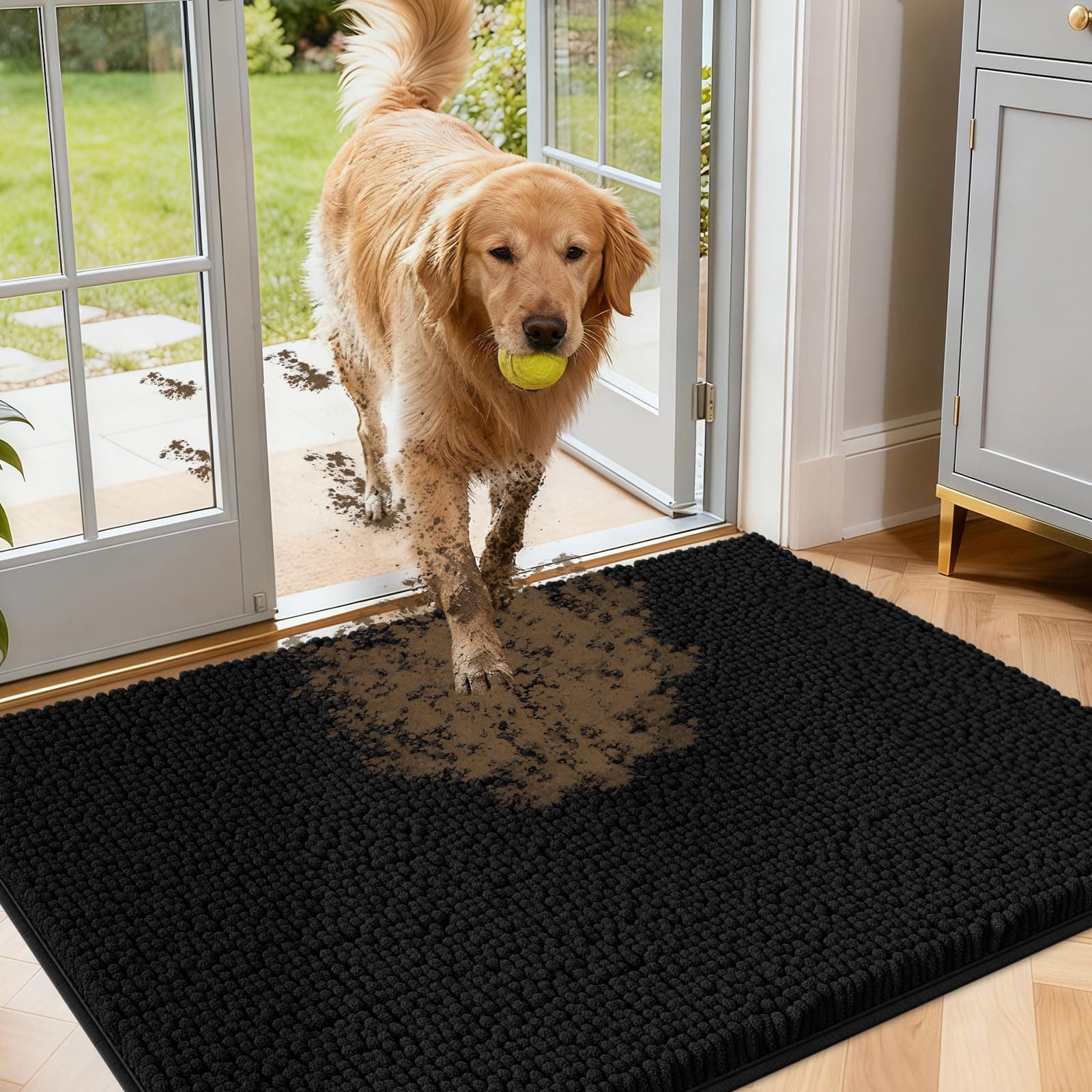 IM HOME 36" x 24" Black Muddy Door Mats for Dogs, Chenille Absorbent Dog Mat, Non Slip Heavy Indoor Door Mat, Soft Dog Bed Mat Front Inside Door Mat for Entryway, Mud Paws