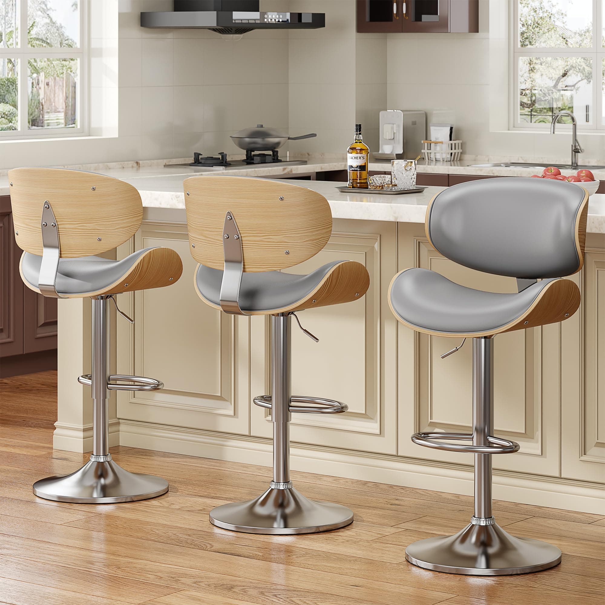YaFiti Bar Stools Set of 3, Bentwood Adjustable Height Swivel Bar Stools, PU Leather Upholstered Bar Chair with Back and Footrest for Bar, Kitchen, Dining Room, Grey
