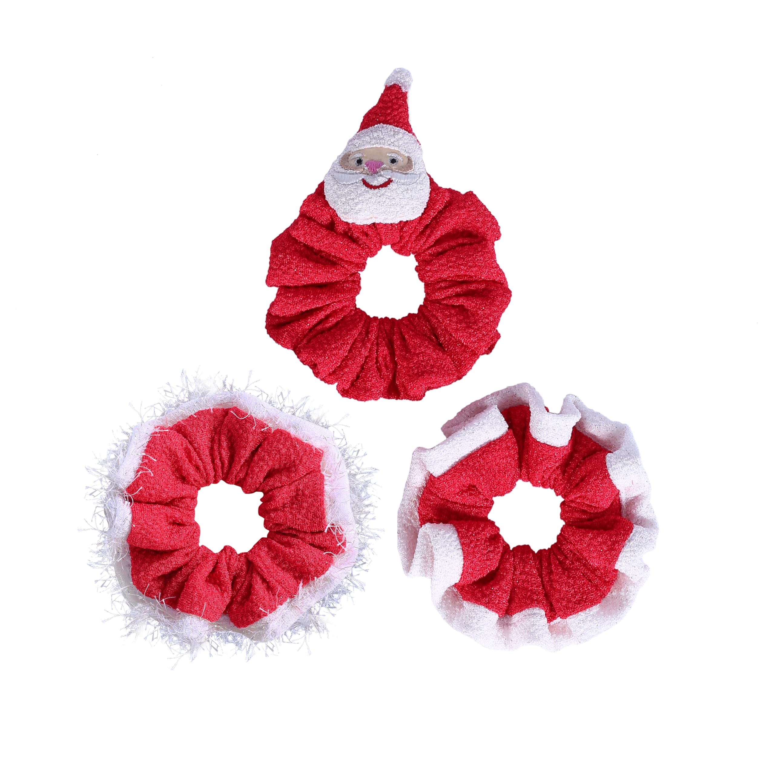 Radhu&Kabby 3 Pieces Set | Hair Scrunchies for Women | Xmas Ponytails Holder | Red Scrunchies | Santa Theme Scrunchie | Perfect as Christmas Gifts | Fancy & Stylish