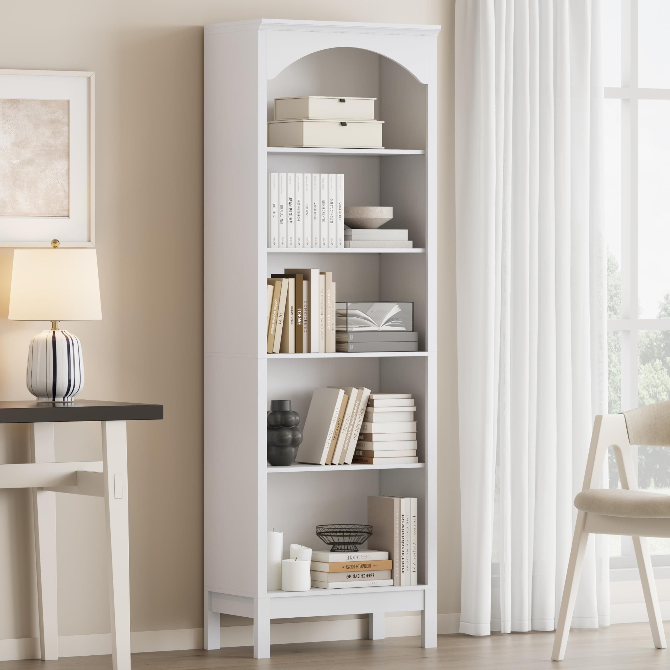5 Tier Bookshelf, 71" Tall Wood Bookcase with Adjustable Shelves, 24" Wide Arched Open Bookshelf, Floor Standing Display Storage Shelves for Home Office, Kitchen, Study and Living Room, Modern White