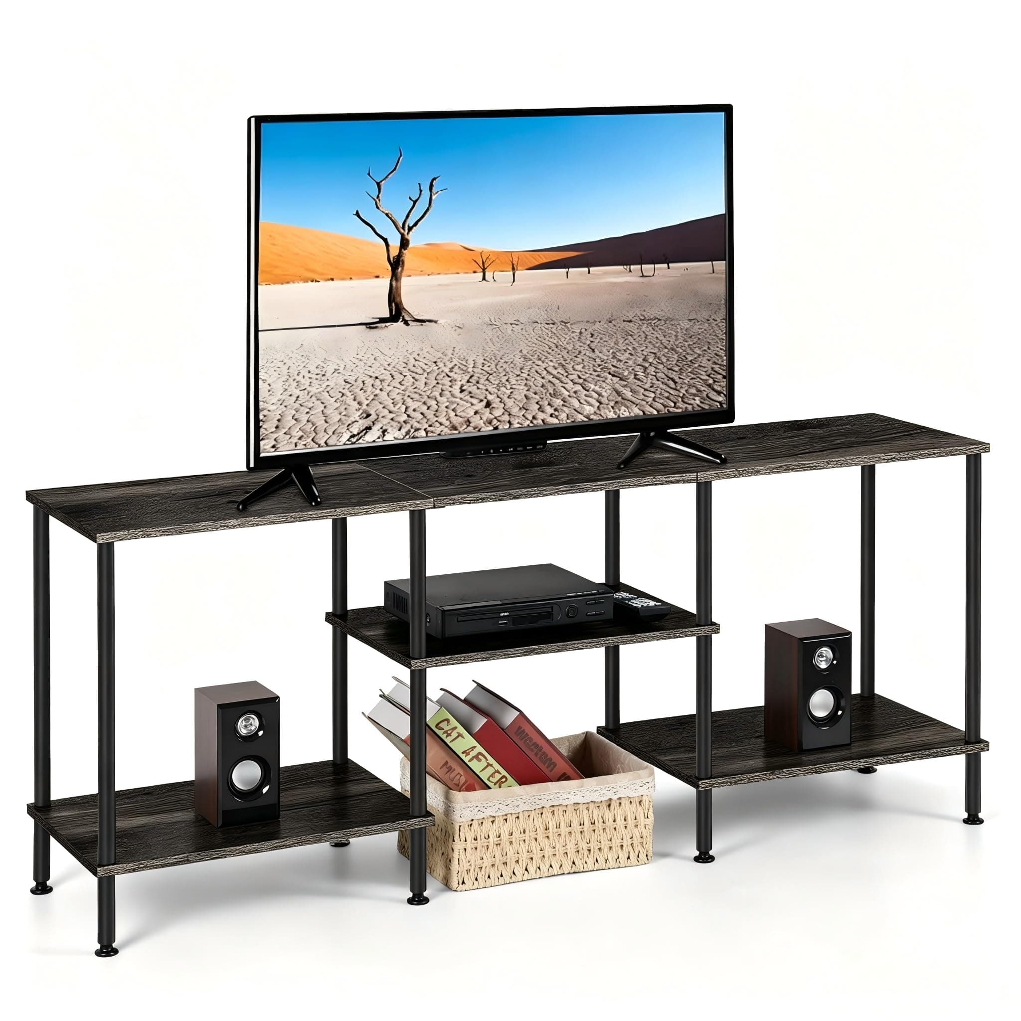 BTY TV Stand for 50 inch TV Small Entertainment Center with Open Storage Shelf Farmhouse Wood TV Console Table for Living Room, Bedroom, Dark Grey