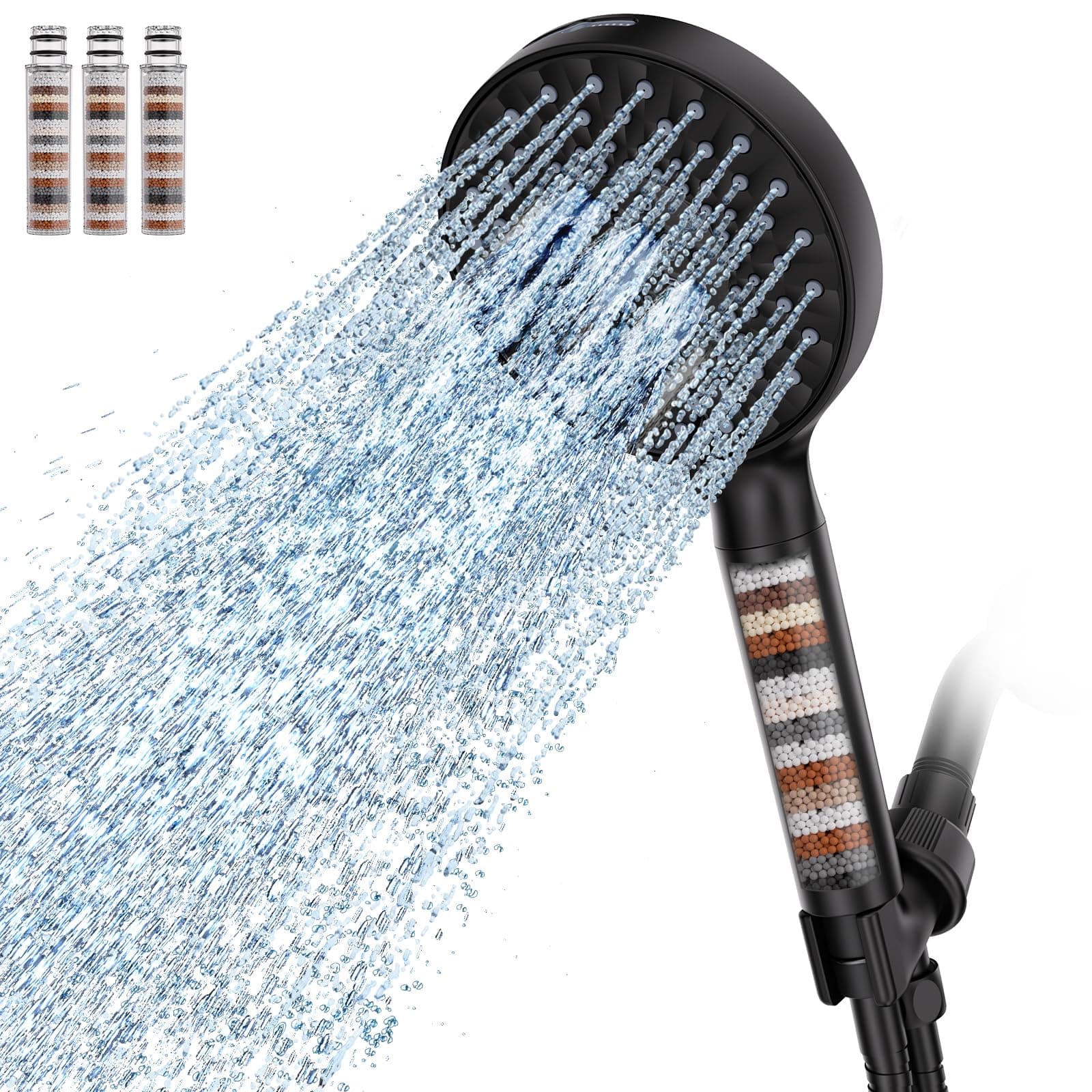 Filtered Shower Head with Handheld, High Pressure 9 Spray Mode Matte Black Showerhead with 4 Filters, Detachable Shower Head, Water Softener Filters Beads for Hard Water - Remove Chlorine
