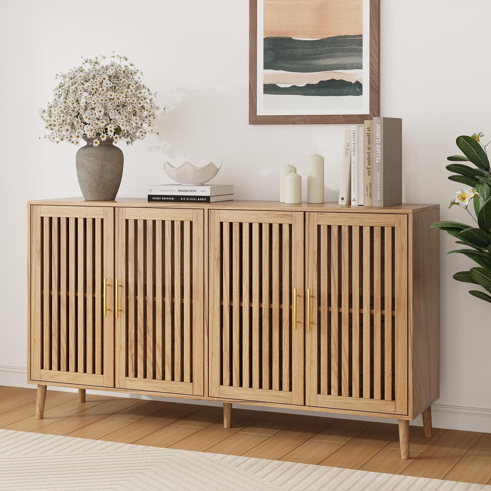 Smart FENDEE 63" Long Sideboard Buffet with 4 Slatted Doors, Farmhouse Buffet Storage Cabinet with Adjustable Shelves, Coffee Bar Cabinet for Entryway, Kitchen, Dining Room, Living Room, Natural Oak