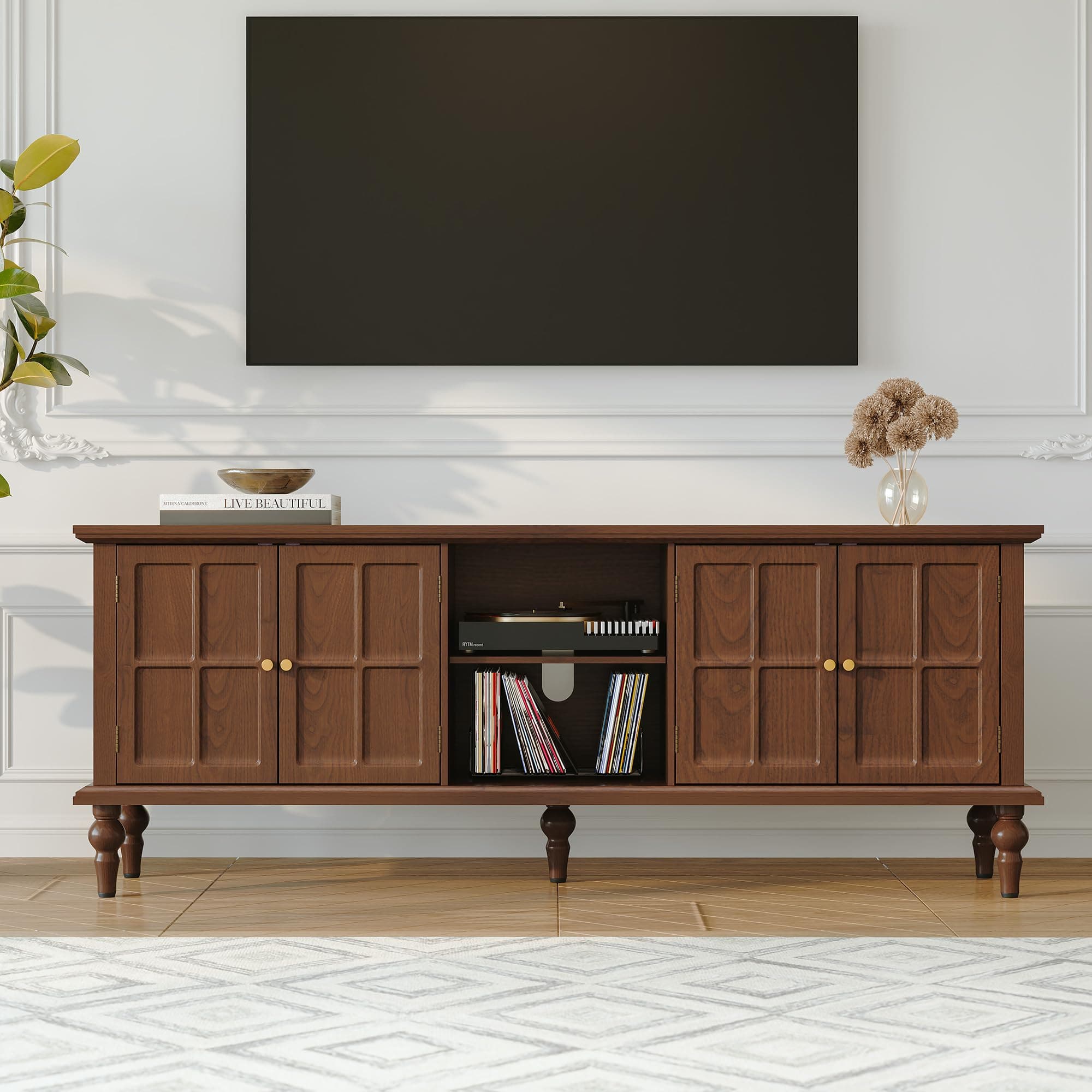 3More 67" Mid Century Modern TV Stand with Window Design, Walnut