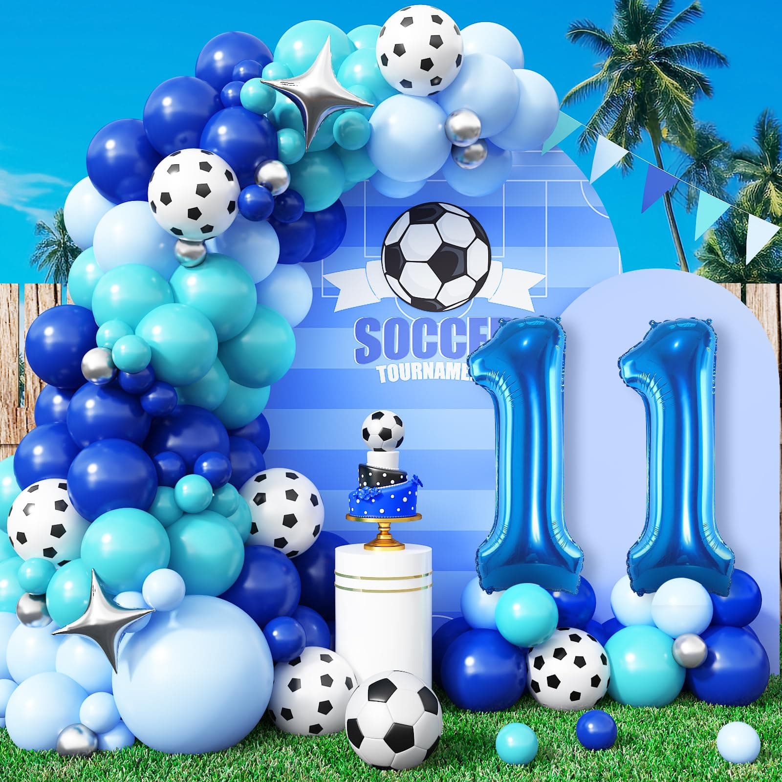 11th Birthday Party Decorations for Boys, Balloon Arch with Royal Blue, Teal, Light Blue, Balloon Garland Large Number 11 for 10th Birthday