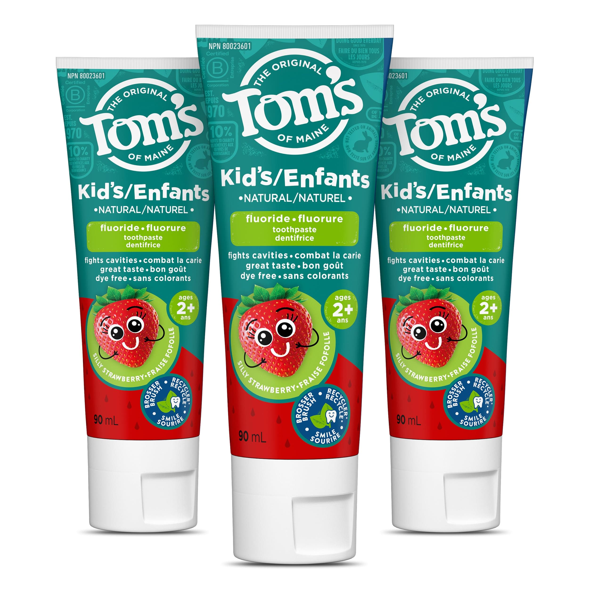 Tom's of Maine Children's Silly Strawberry Natural Fluoride – Anticavity Fluoride Toothpaste for kids – All Natural Fruity Flavor Strawberry Toothpaste kids 90 mL (3 pack)