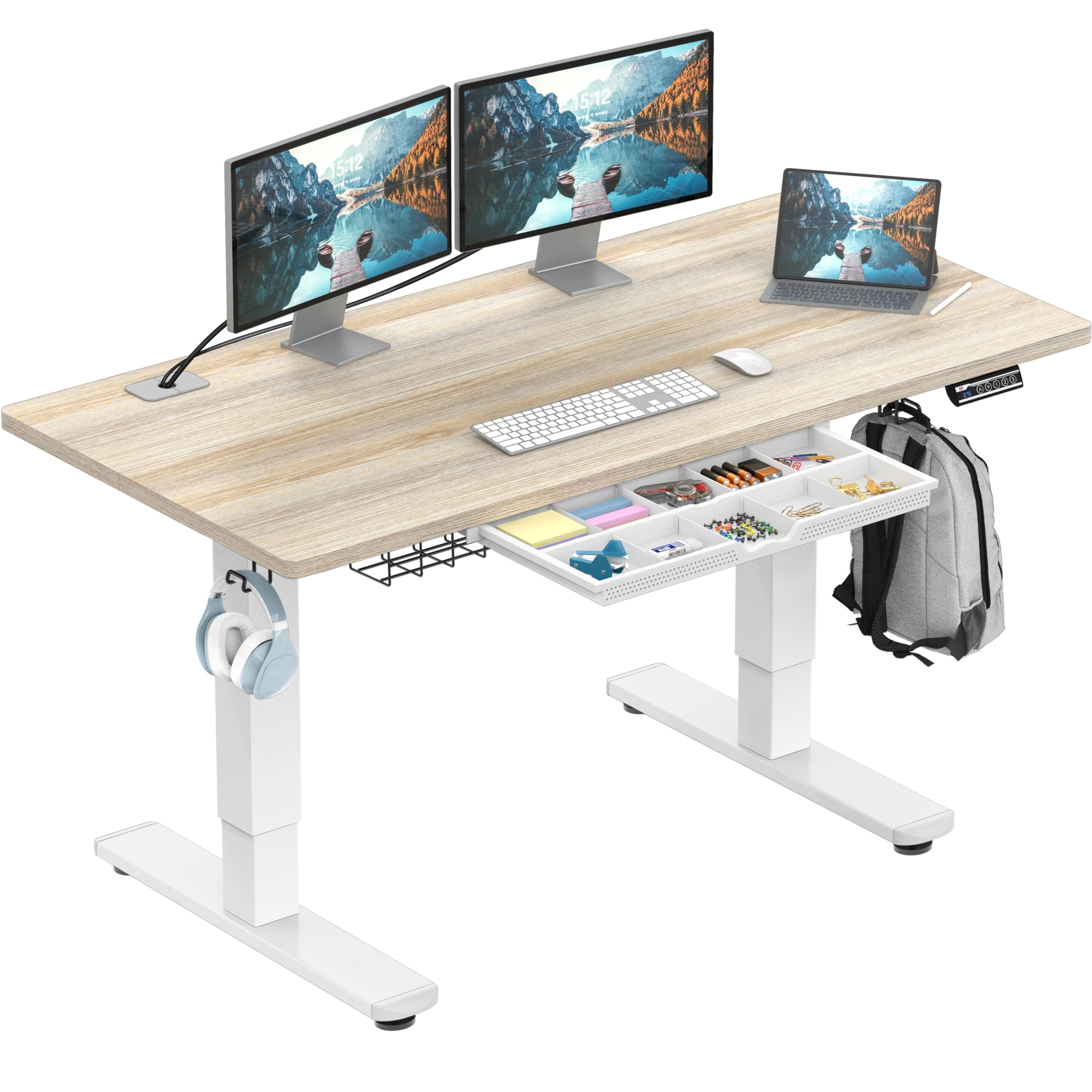 SHW 55 x 28 Electric Height Adjustable Standing Desk w/Drawer, Maple
