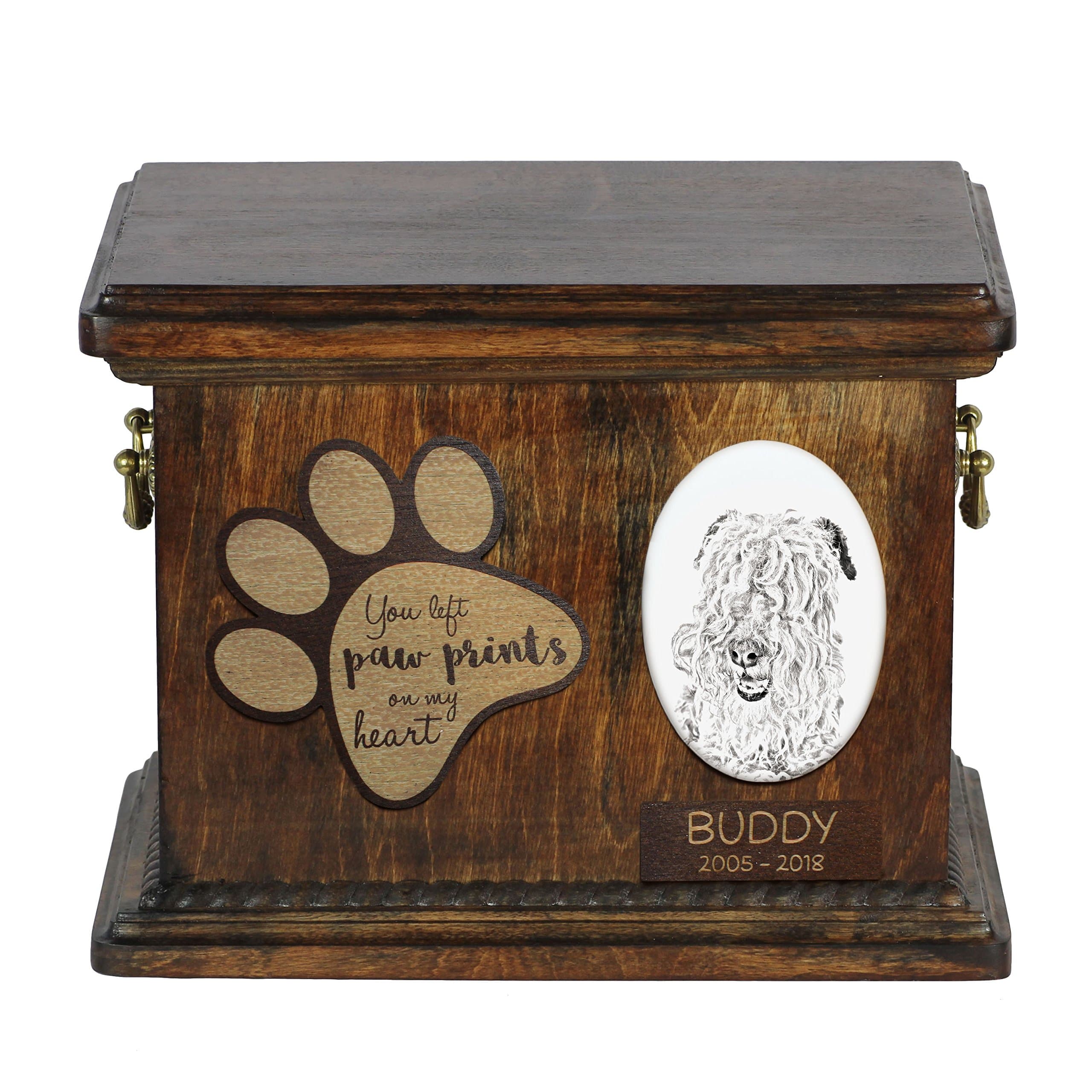 Art-Dog Custom Dog Memorial Urn - Handmade Cold Cast Bronze Portrait on Birch Base with Personalized Ceramic Plate - Elegant Dog Cremation Box – 8,3x11,4x8,7” – Lakeland Terrier