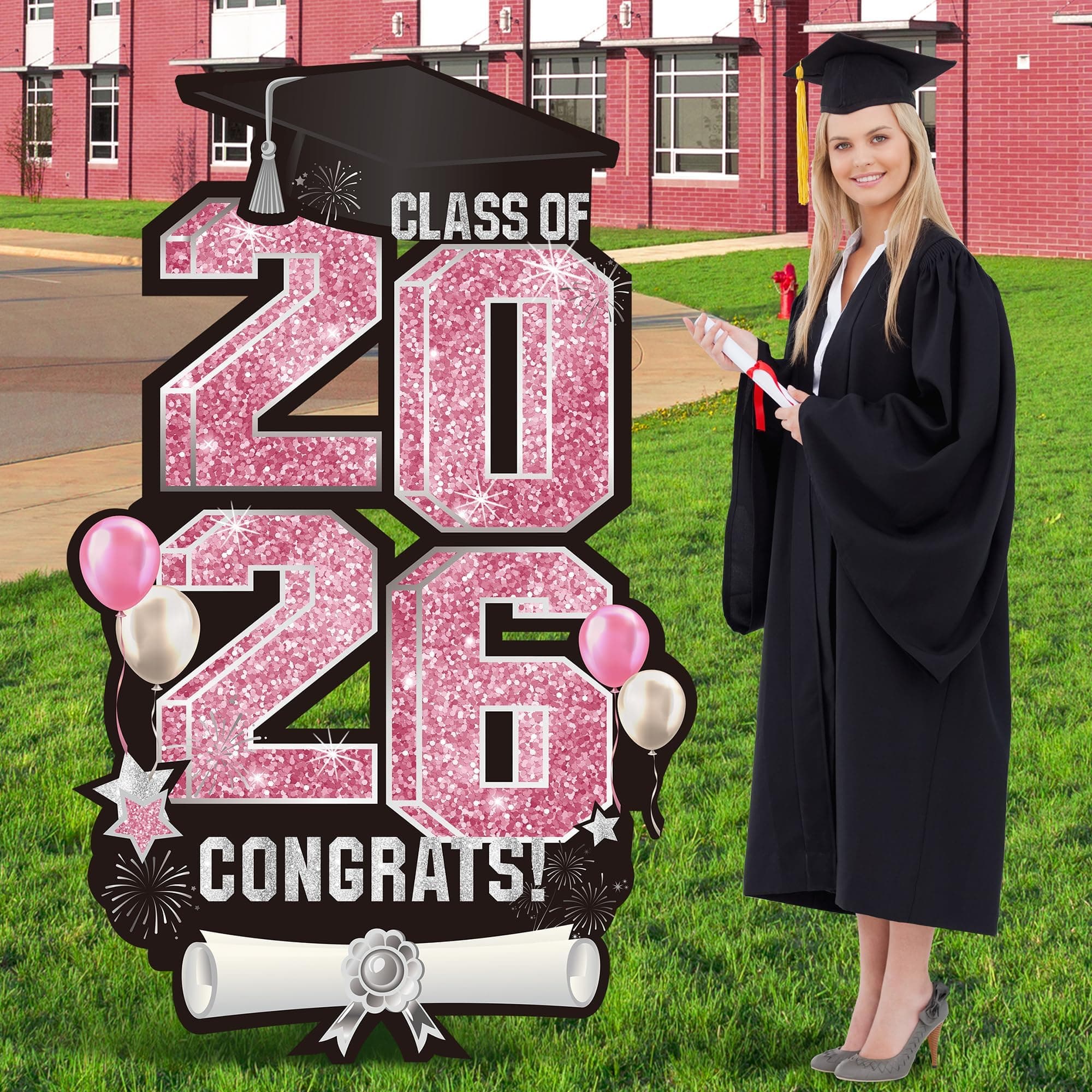 Vivantia 2026 Extra Large 47.2 Inch Graduation Yard Sign Congrats Grad Lawn Decor Class of 2026 DIY Name Yard Sign with Metal Stakes for College High School Grad Outdoor Party Supplies, Pink