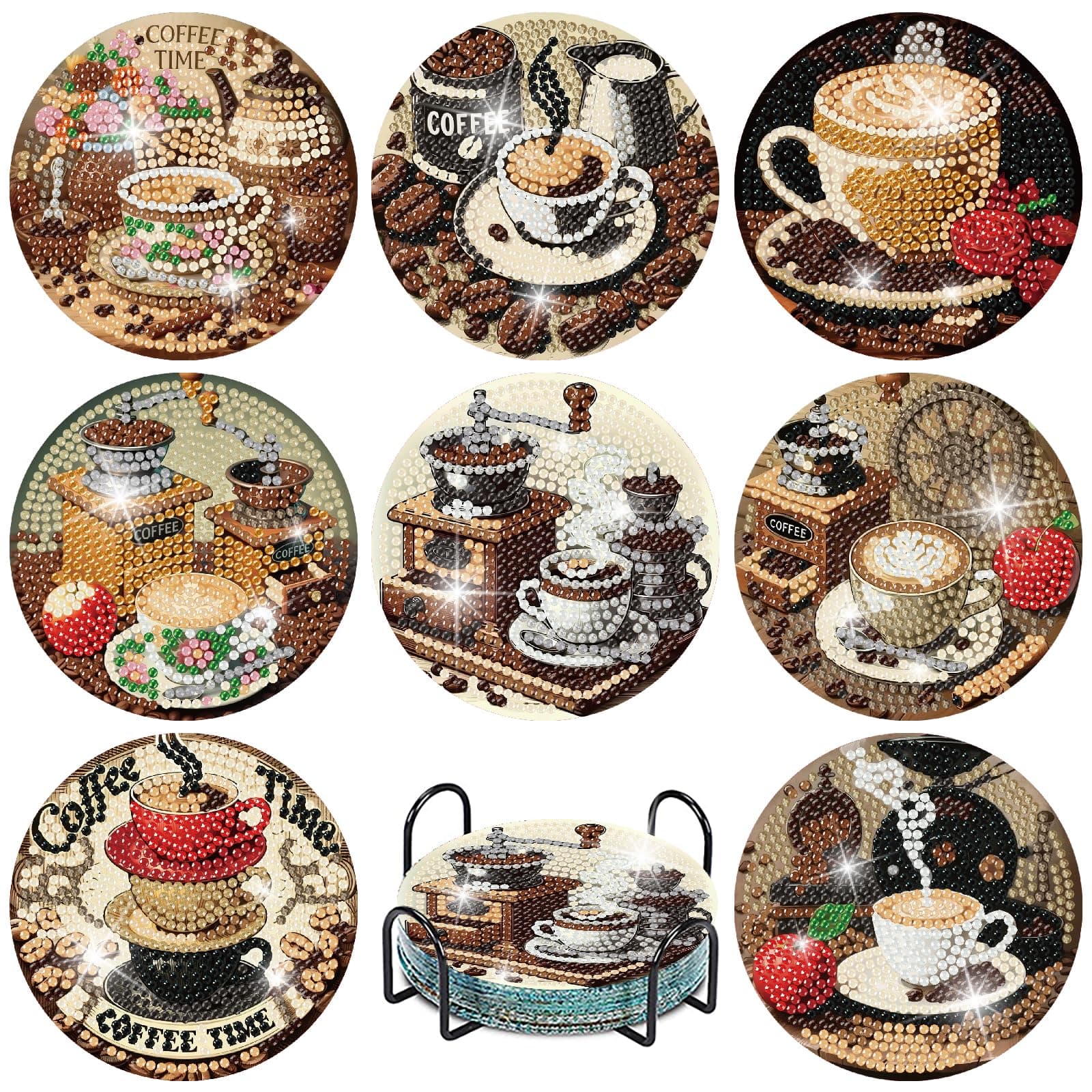 MBNTJHT 8 Pcs Coffee Diamond Art Coasters Kits with Cork Base,Diamond Painting Coasters with Holder for Adult Beginners,DIY Drink Coaster Art Craft Supplies for Home Decor 4x4 Inch.