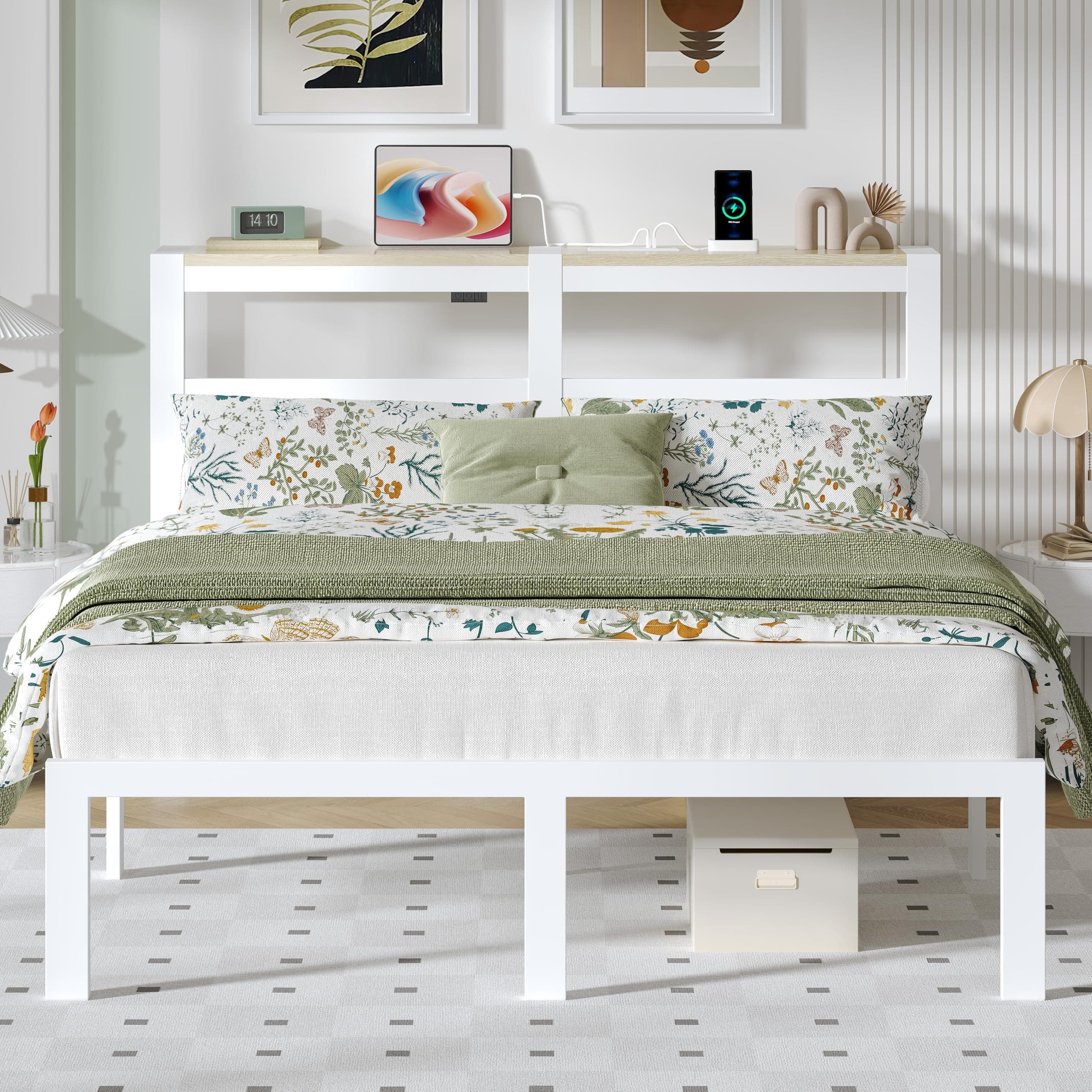 ChicZhiNest Queen Size Bed Frame with Charging Station and LED Lights, White
