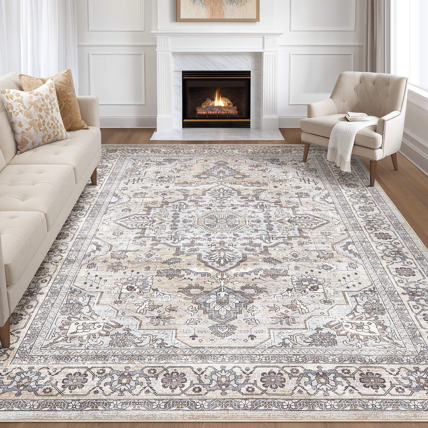 8x10 Area Rugs Living Room: Washable Boho Large Neutral Vintage Soft Rugs Stain Resistant Farmhouse Non Slip Indoor Floor Carpet for Bedroom Nursery Kids Playroom Office Dining Room Home- Ivory Gray