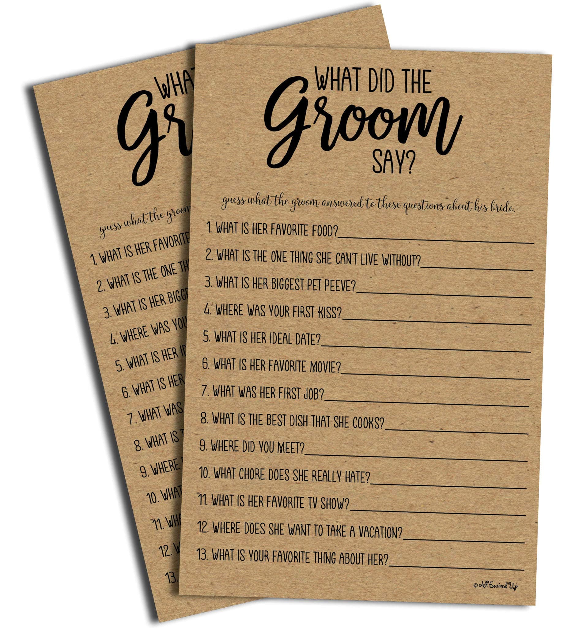 What Did the Groom Say Game - Kraft (50-Sheets) Rustic Bridal Wedding Shower or Bachelorette Party Game, Printed Engagement Rehearsal (Large Size Sheets)