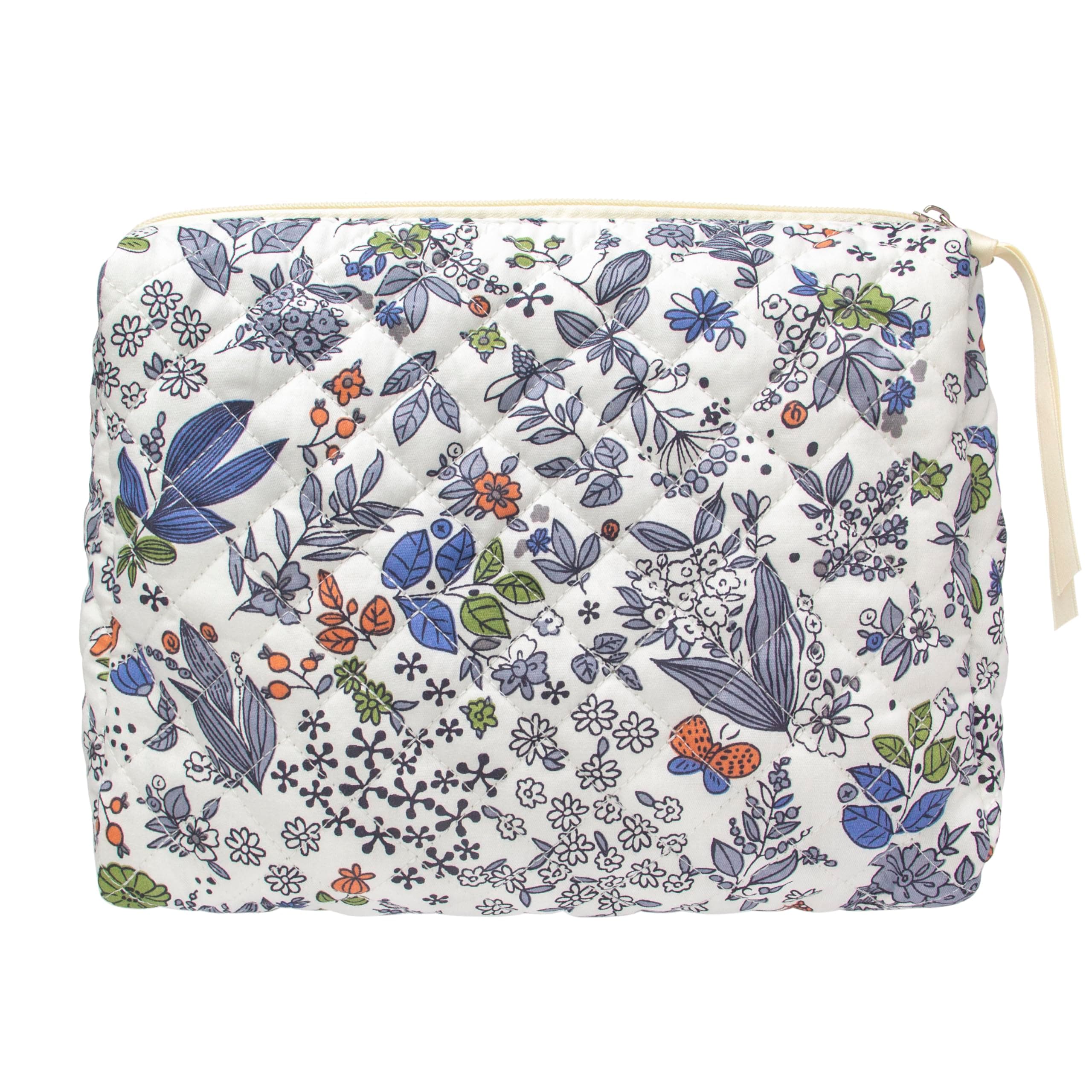Cotton Makeup Bag for Women Large Quilted Travel Cosmetic Pouch Girls' Make Up Organizer,Leaf White