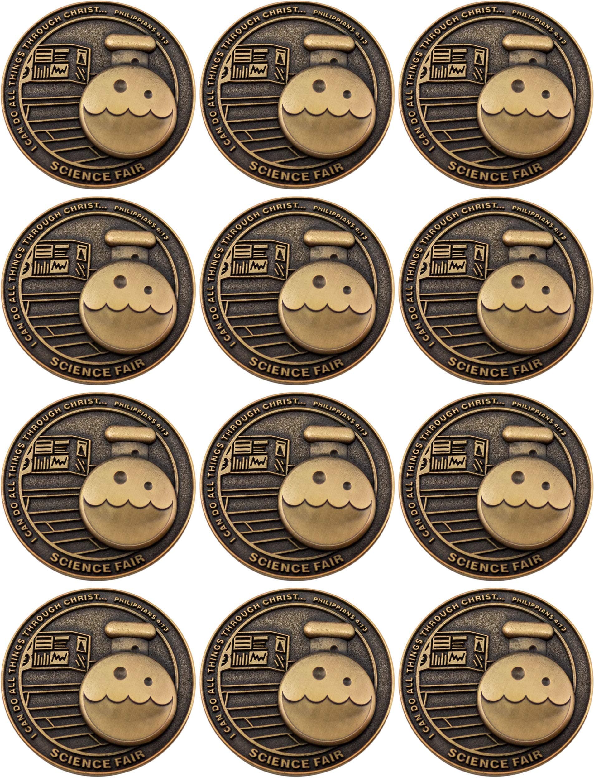 Christian School Coin, Pack of 12, Bulk Gift for Science Fair Competitors, for Girls and Boys, I Can Do All Things Through Christ, Antique Gold Plated Challenge Coin, Philippians 4:13