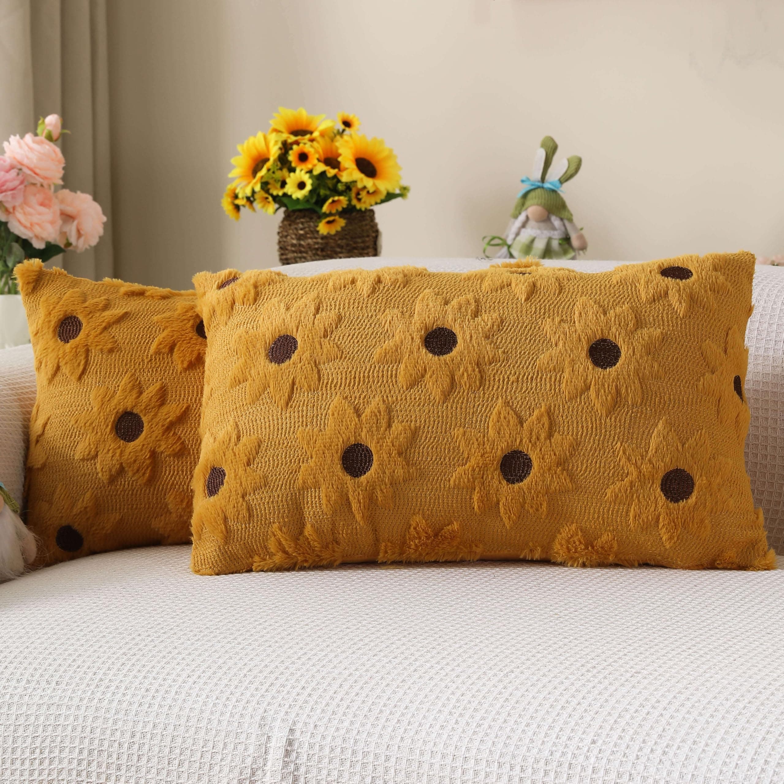 JXZYGMD Spring Summer Pillow Covers 12x20 inch Set of 2 Farmhouse Yellow Sunflower Soft Plush Throw Pillows for Sofa Holiday Spring Summer Home Decor