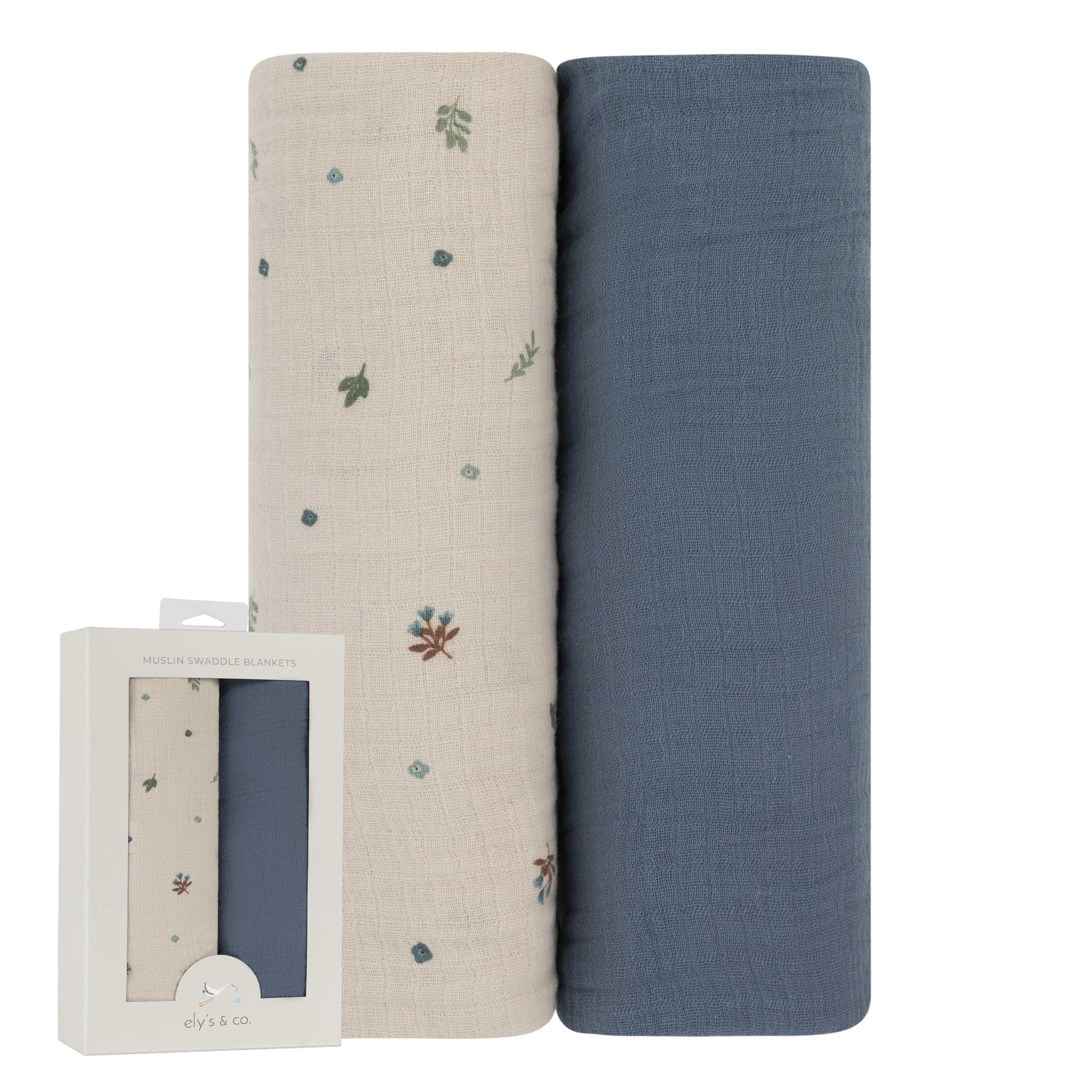 Ely's & Co. Muslin Swaddle Blanket 2-Pack — 100% Cotton Muslin Extra-Large Swaddle Blankets (47” x 47”) Solid + Printed (Blue Garden Flower)