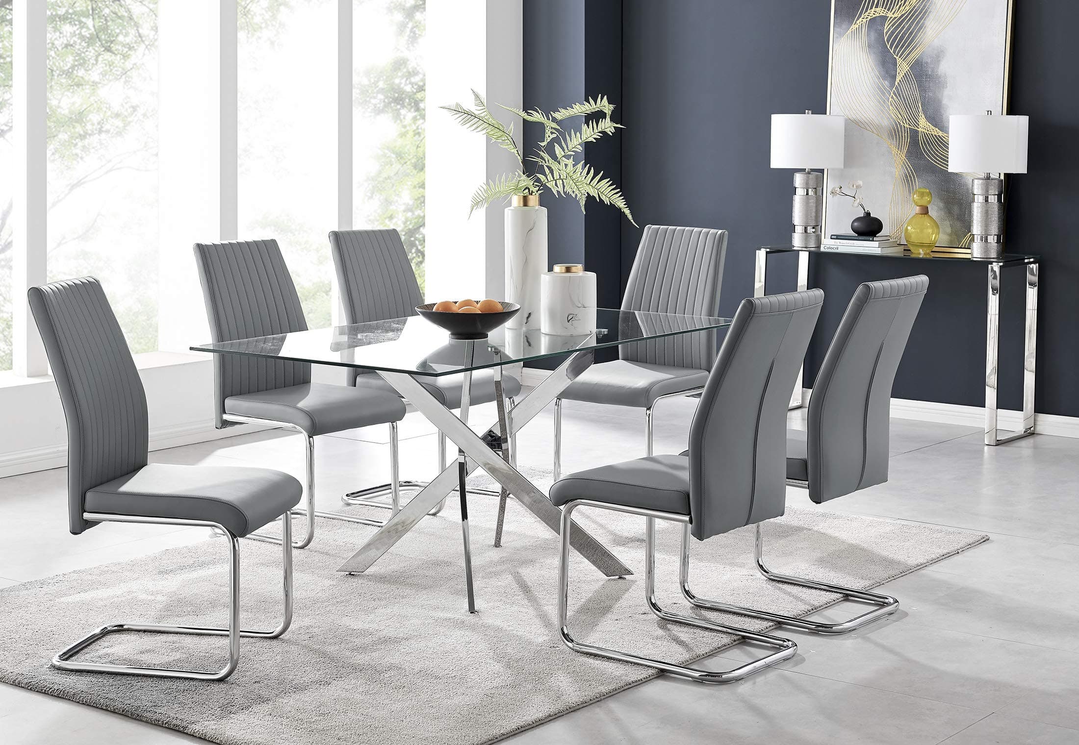 Furniturebox UK Leonardo Clear Glass and Chrome Metal Modern/Stylish Dining Table and 6 Modern Lorenzo Chairs Set (Grey)