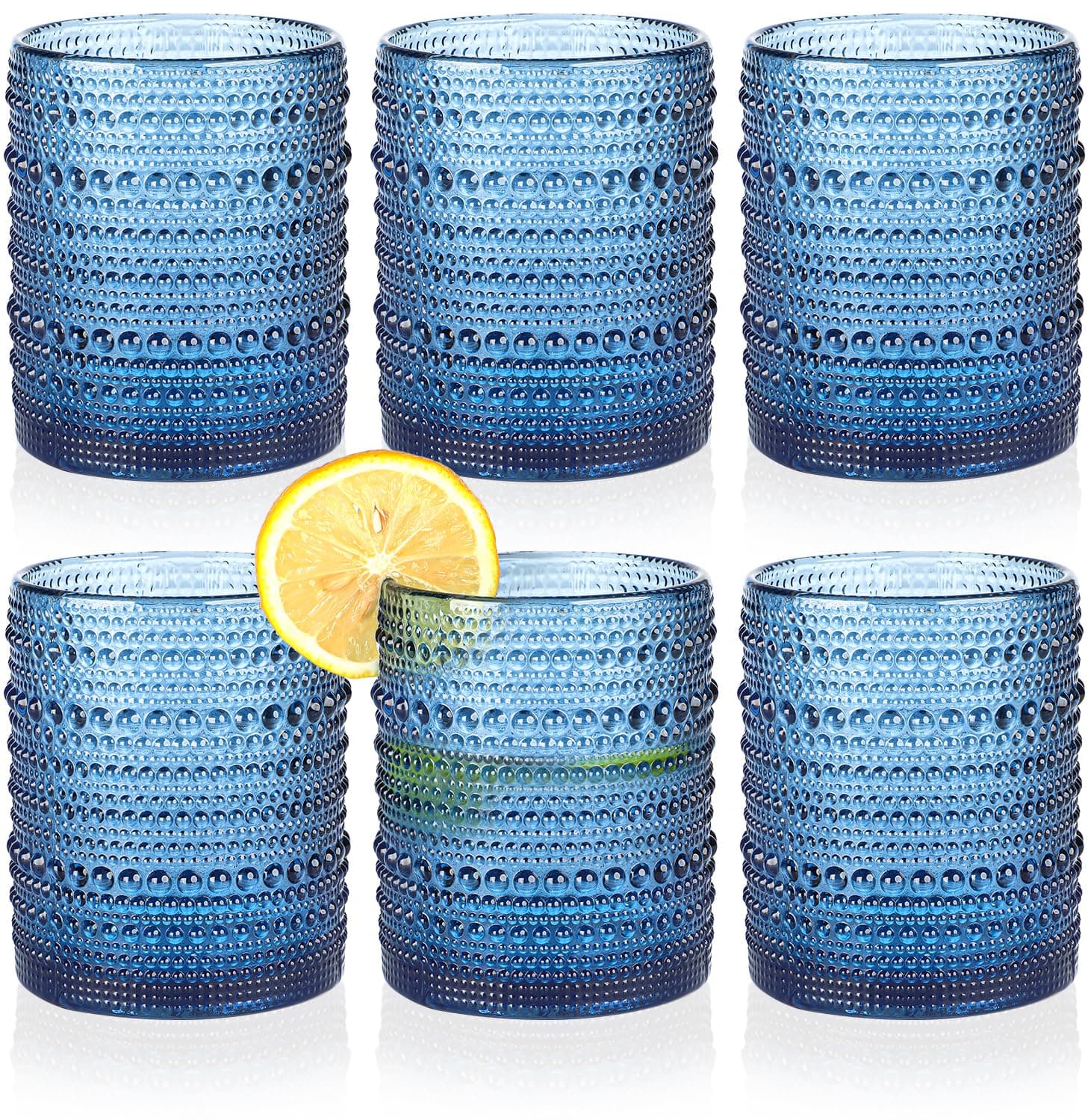 KMIGRUAN Hobnail Drinking Glasses Set of 6,12oz Blue Vintage Glassware,Cocktail Glasses,Embossed Glass Cups,Water Tumbler for Whiskey, Juice and Various Mixed Drinks