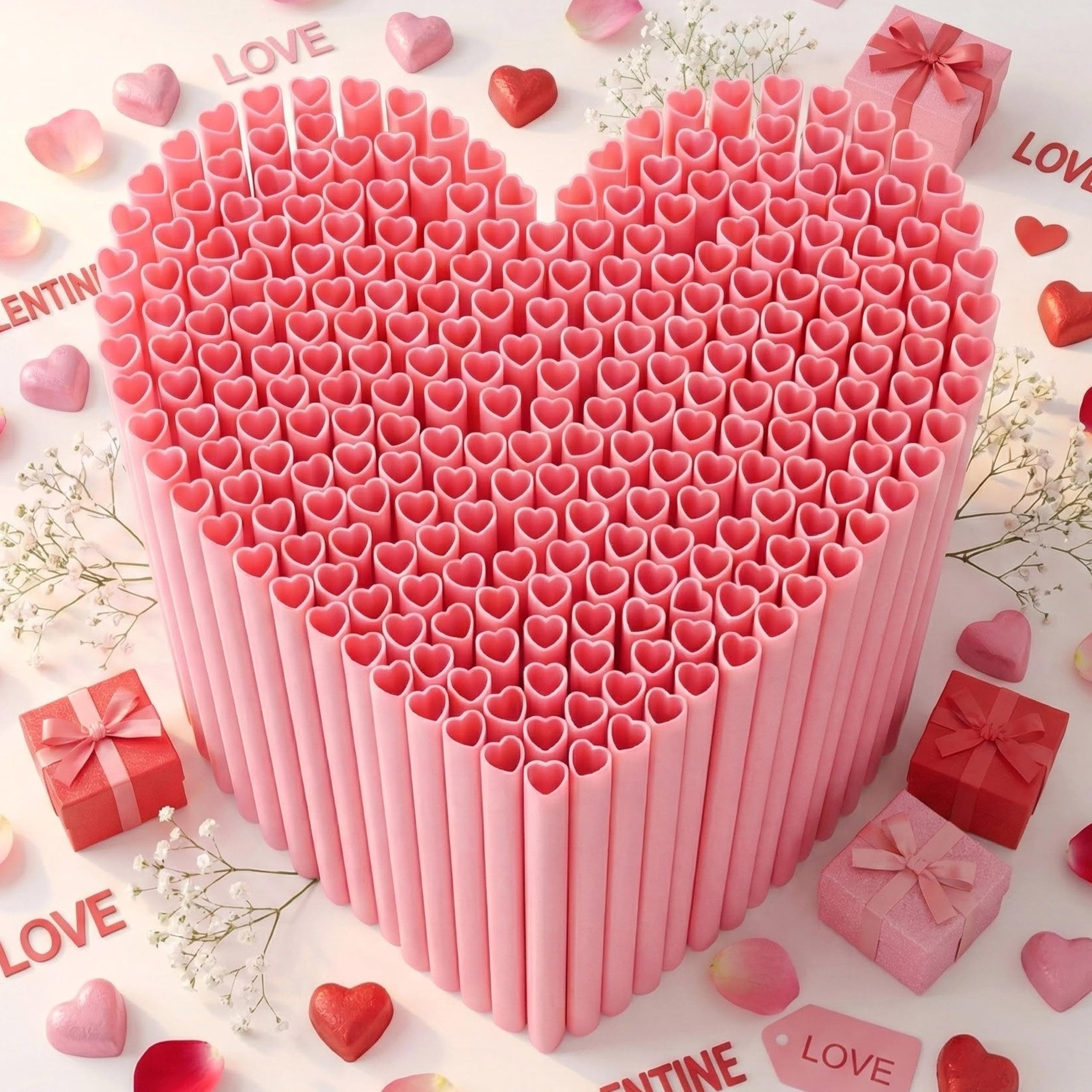 100PCS Heart Straws - Heart Shaped Pink Straws Plastic Disposable Drinking Straws Cute for Valentine's Day, Wedding, Party, Birthdayparty, Decorations (Pink)