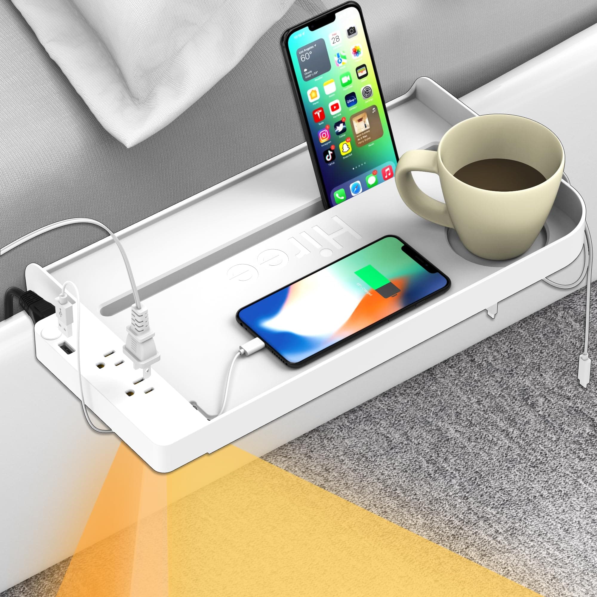 Hiree Bedside Shelf for Dorm Bunk Bed with USB Charging Port and 2 AC Outlets, Bedside Caddy, Bunk Bed Extender, Attachable Bedside Table, College Dorm Essential Clip On Bedside Tray, Plus Size, White