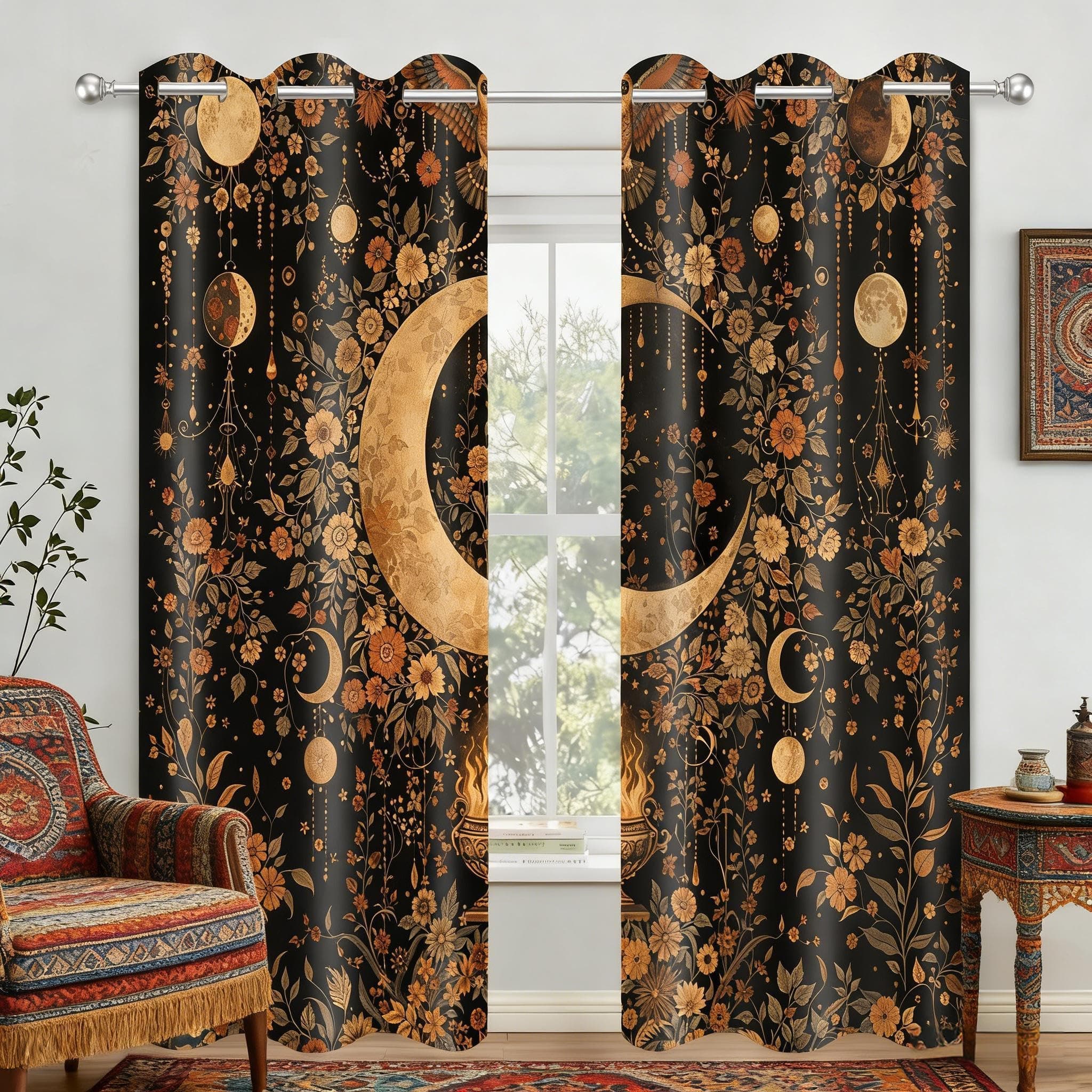 YRWSU Moon Celestial Curtains Black Gold Boho Retro Flower Blackout Window Curtain for Bedroom Living Room Gothic Aesthetic Decor Grommet Drapes, 2 Panels, 42x84 Inch