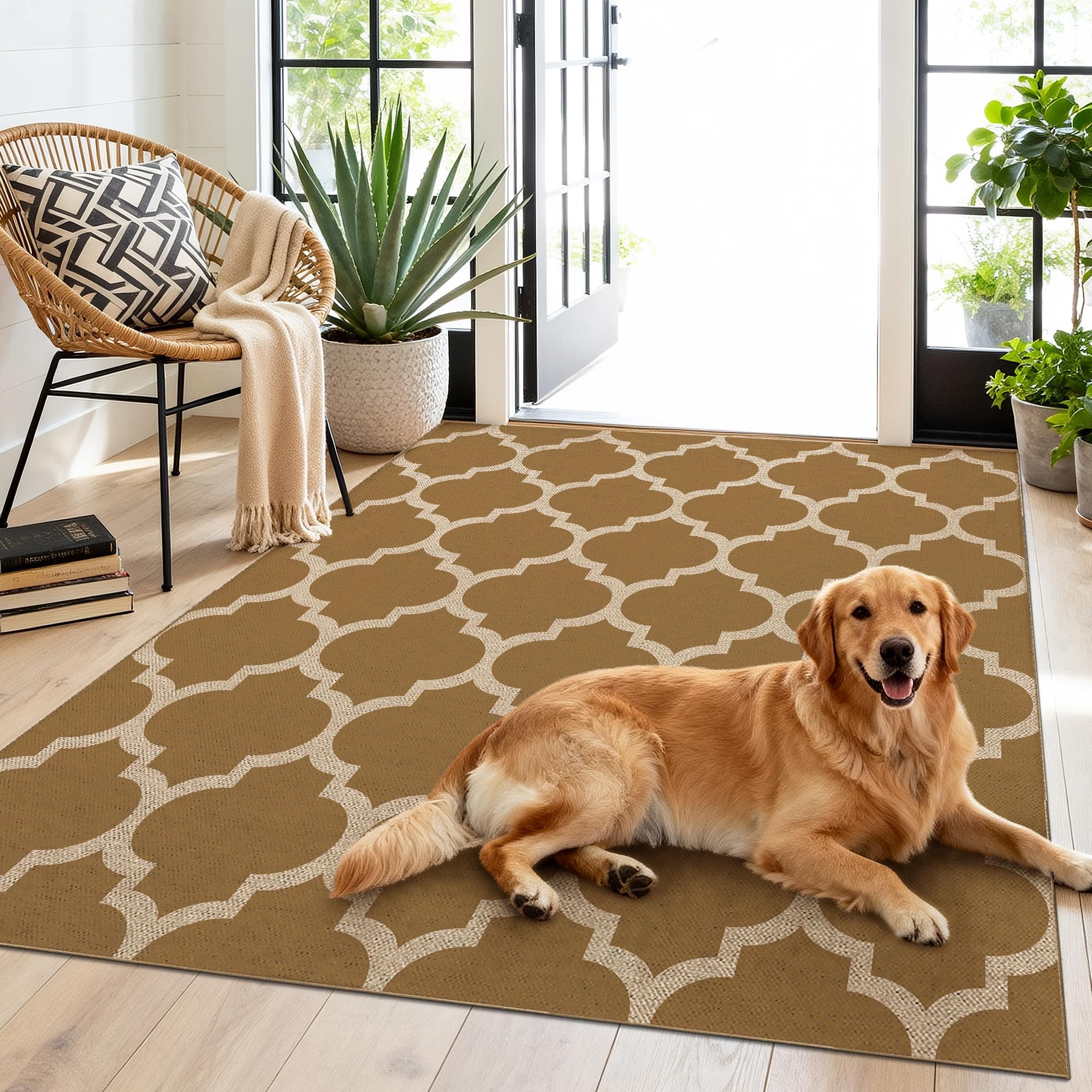 Washable Moroccan Easy Jute Rug, 3x5 Khaki Neutral Boho Outdoor Indoor Patio Small Rug, Woven Ultra Thin Non Slip Carpet Door Mat for Entryway Front Door Porch Farmhouse Backyard Kid Nursery Play Room
