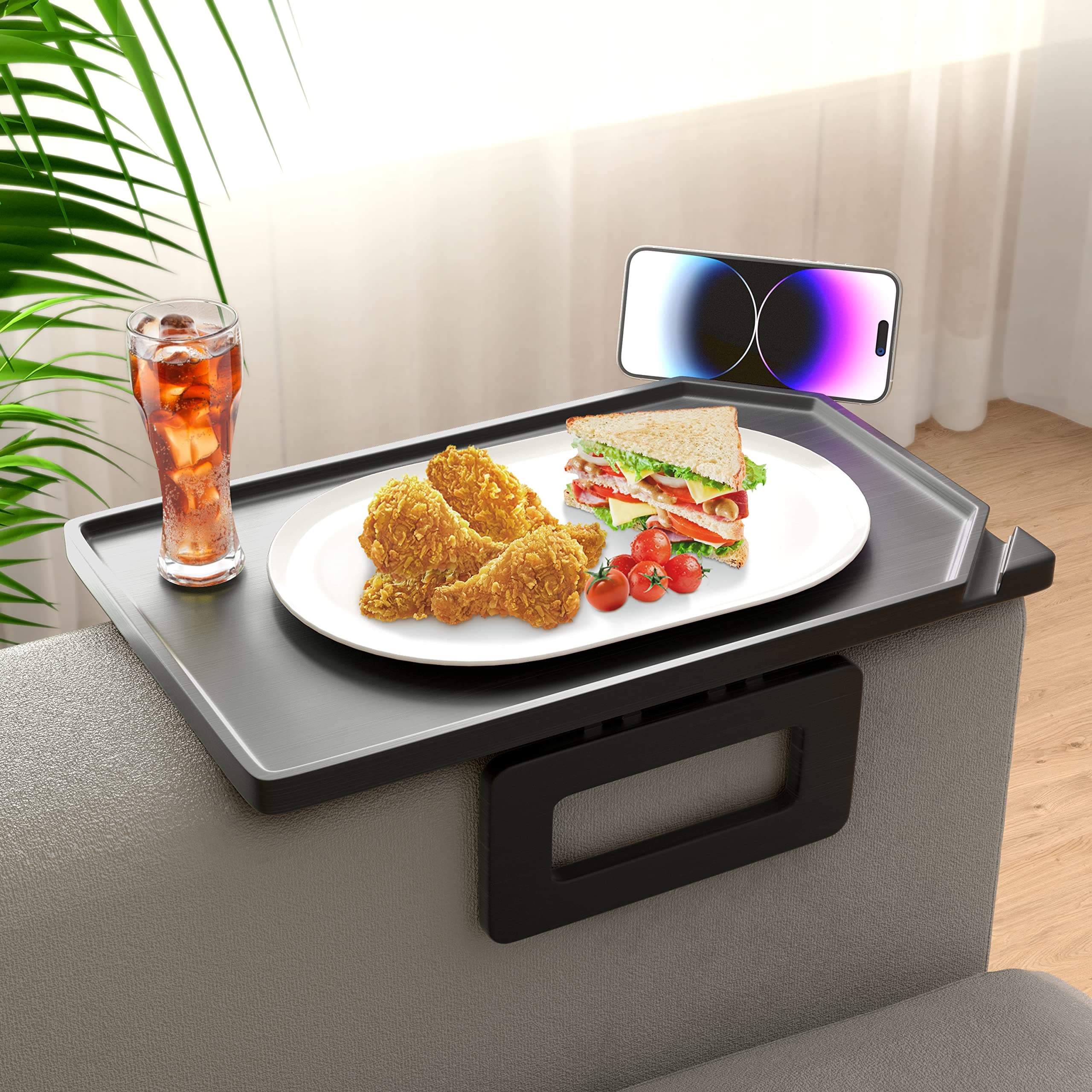 Smatdecis Couch Arm Tray Table Sofa Arm Clip, Armrest Tray Table Suitable for Home Drinks/Fast Food/Fruit Etc, Large Size Multi-Function Black B