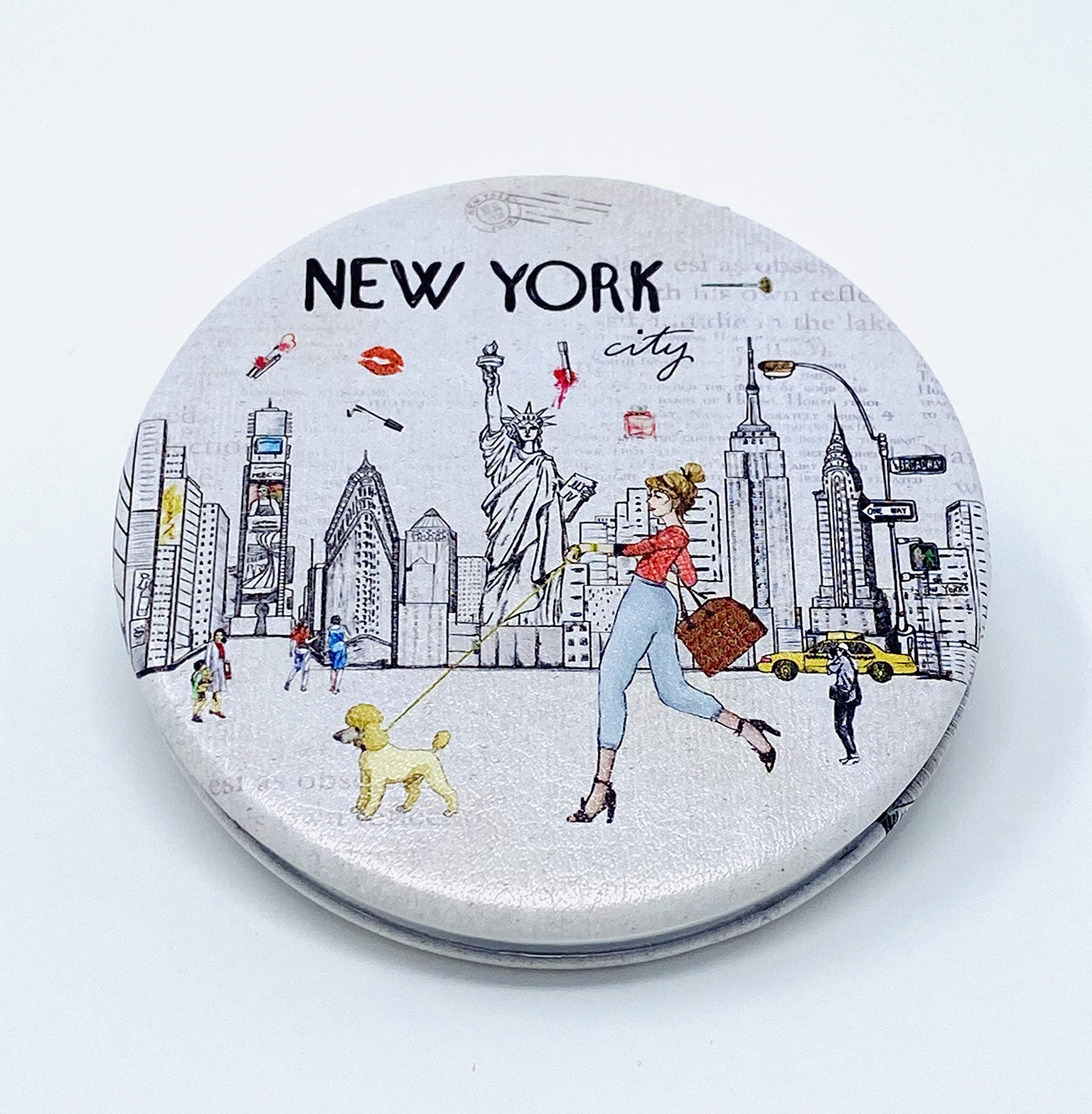 Girls & Women Fashion Elegant New York Souvenir Round Travel Mirror Hand Mirror Cosmetic Makeup Compact Mirror (JMR-270805K)