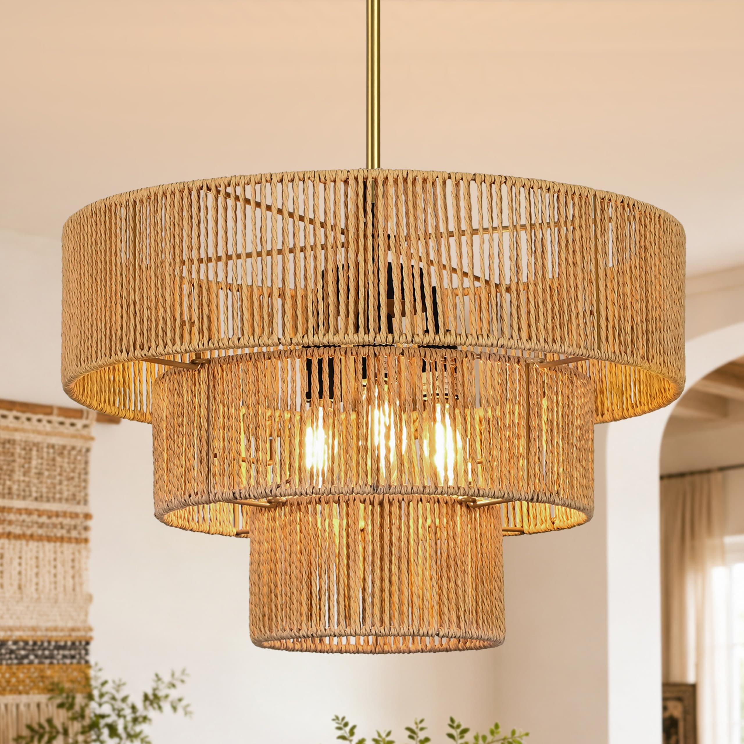 AyshwillDec 3-Light 18" Woven Boho Chandelier for Bedroom Rattan Light Fixture Wicker Pendant Light Large Rattan Pendant Light with 3-Tier Woven Shade Drum Light Fixture for Living Room Entryway