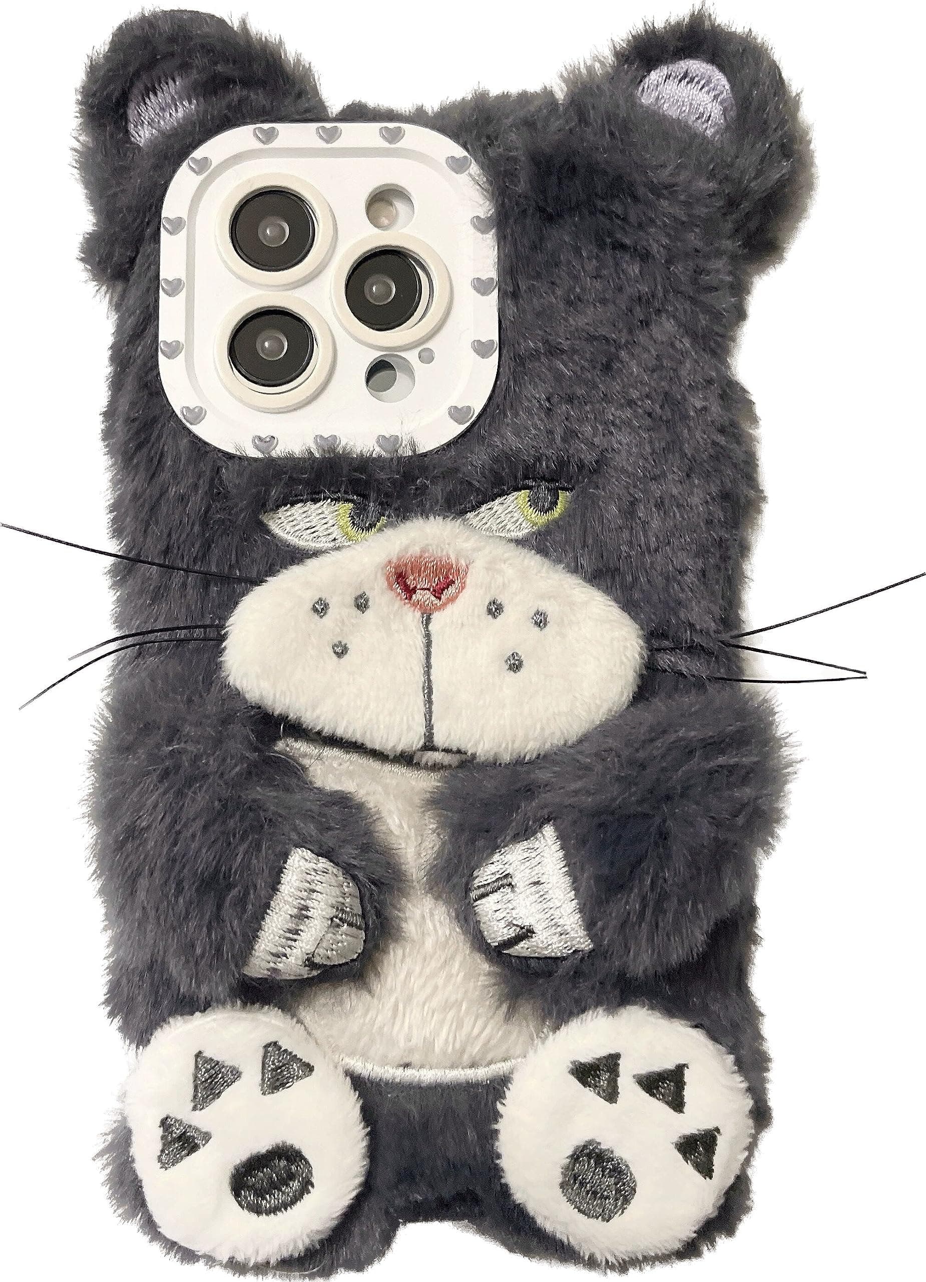 Soft TPU Fluffy Plush Lucifer Cat Case for Apple Gray Black Gray Color Kitty Cartoon Cinderella Anime Villain Wicked Fuzzy Warm Cool Fun Cute Lovely Adorable Kids Girls (for iPhone Xs)