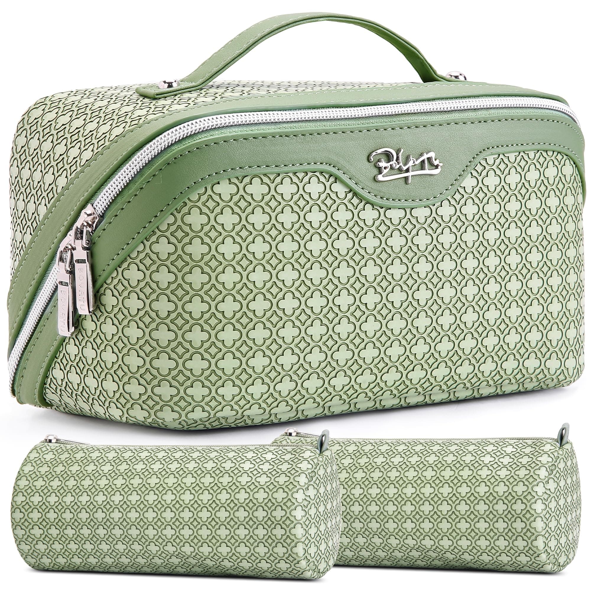 BOYATU Travel Makeup Bag Cosmetic Bags for Women: 3 Pcs Set Make up Bag, M-01Green, 9.25*5.1*5 inches, Four Leaf Clover Travel Makeup Bag