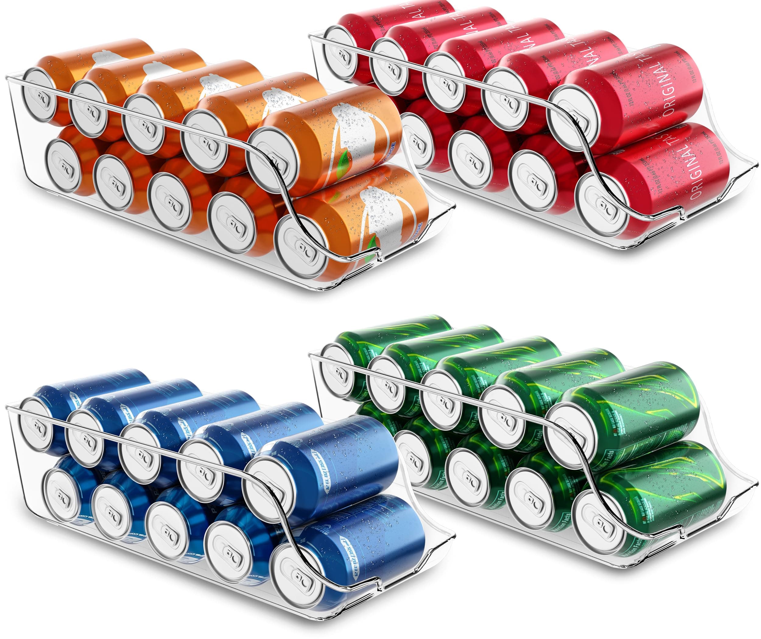 KICHLY Organizador de latas para despensa, organizador de latas de refresco para refrigerador, organizador de almacenamiento de latas, despensa, refrigerador y congelador y almacenamiento (paquete de 4, transparente)