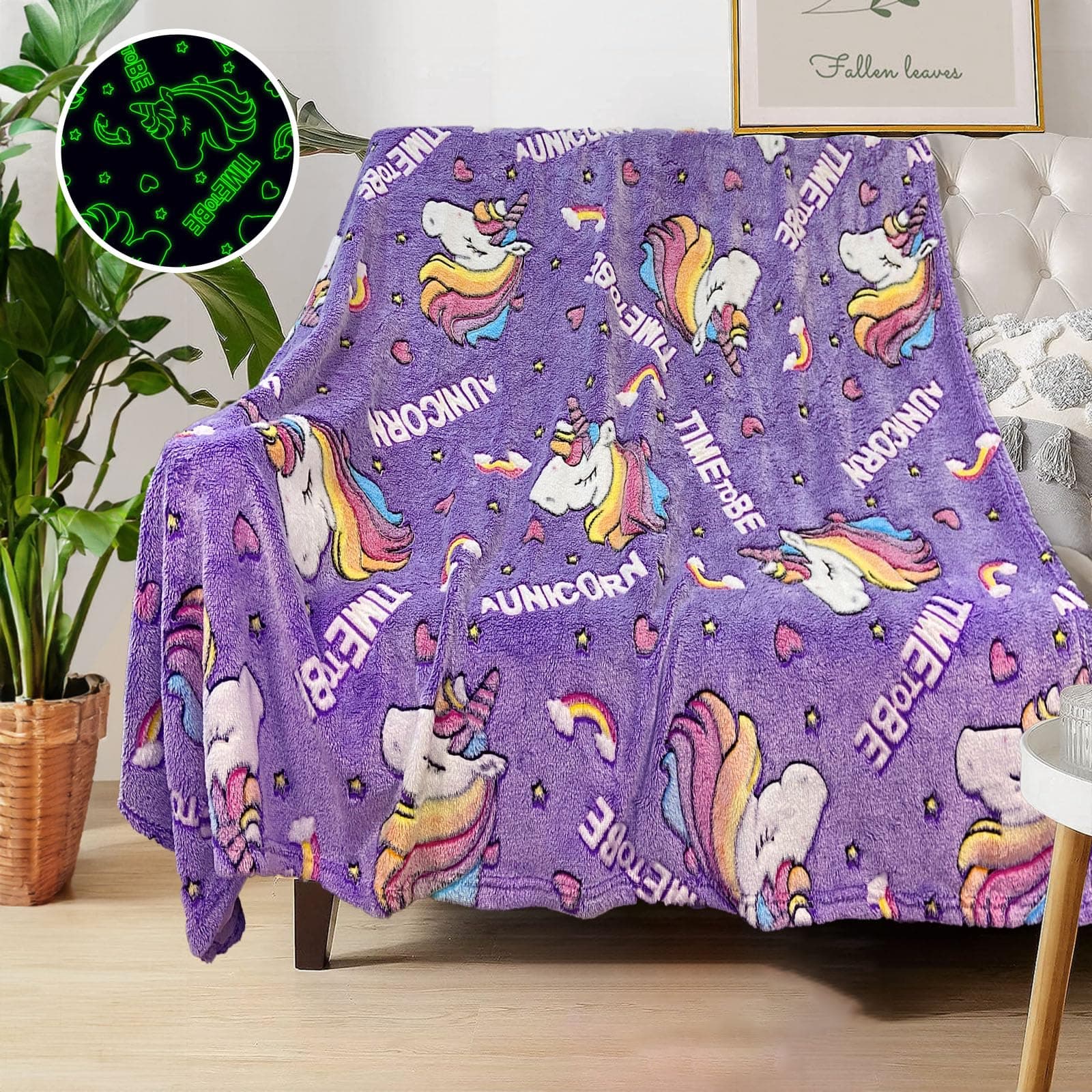 COMFAR Unicorn Blanket for Girls, Glow in The Dark Personalized Baby/Toddler Blanket, Soft Fleece Unicorns Gift Age 1-12, 50in x 60in