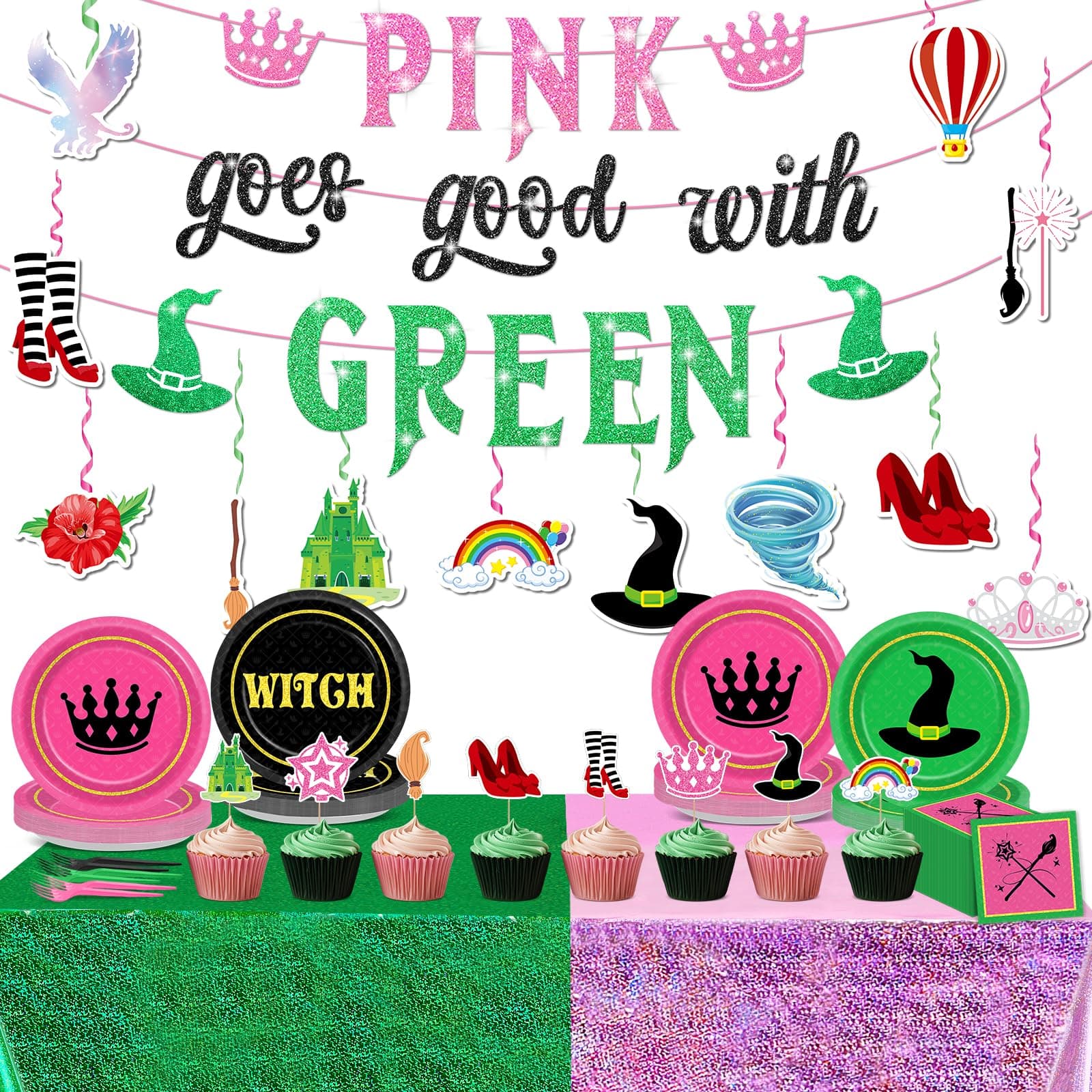 98Pcs Witch Princess Party Decorations Pink and Green Theme Tableware Set Changed for Good Paper Plates Napkins Backdrop Tablecloth Banner Cake Topper Hanging Swirl for Kids Baby Shower Supplies