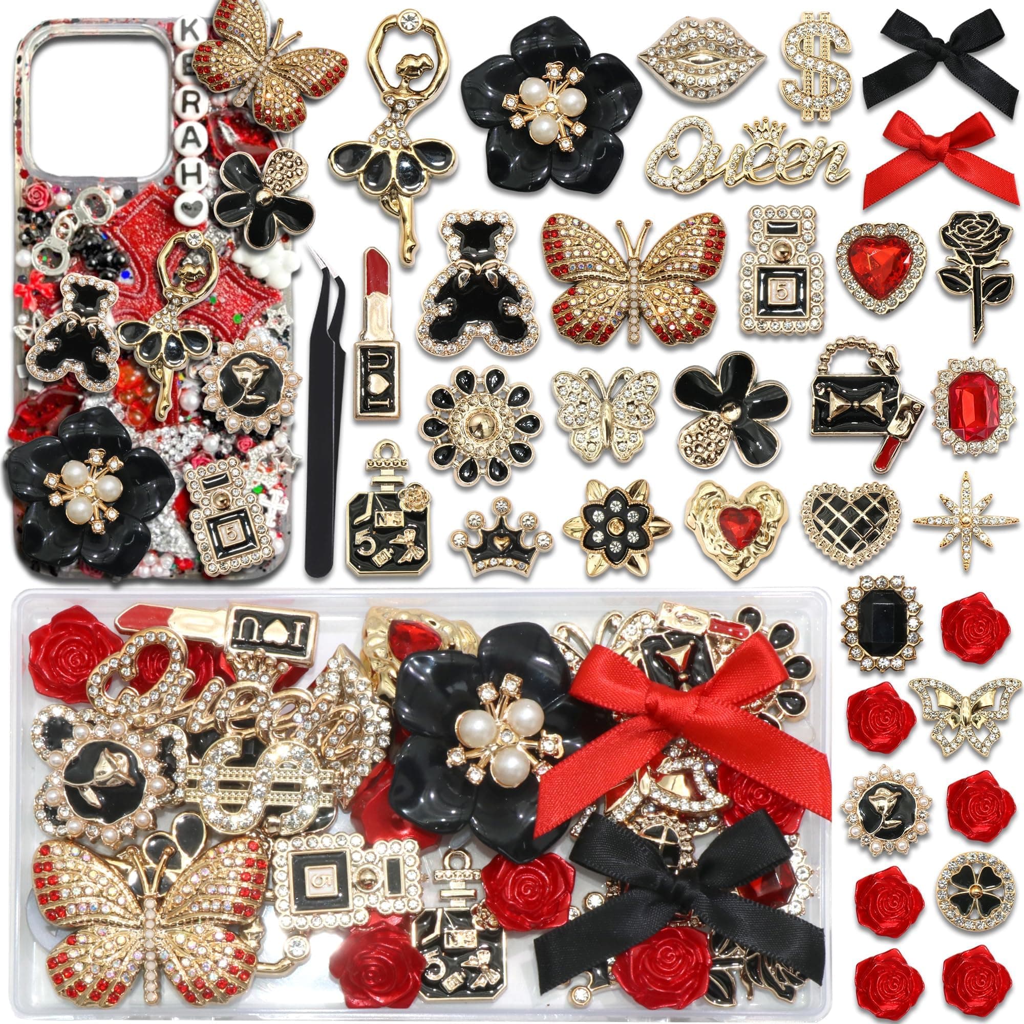 BELICEY Red Black Junk Case Charms Vintage Bow Flower Charm for Phone Cases