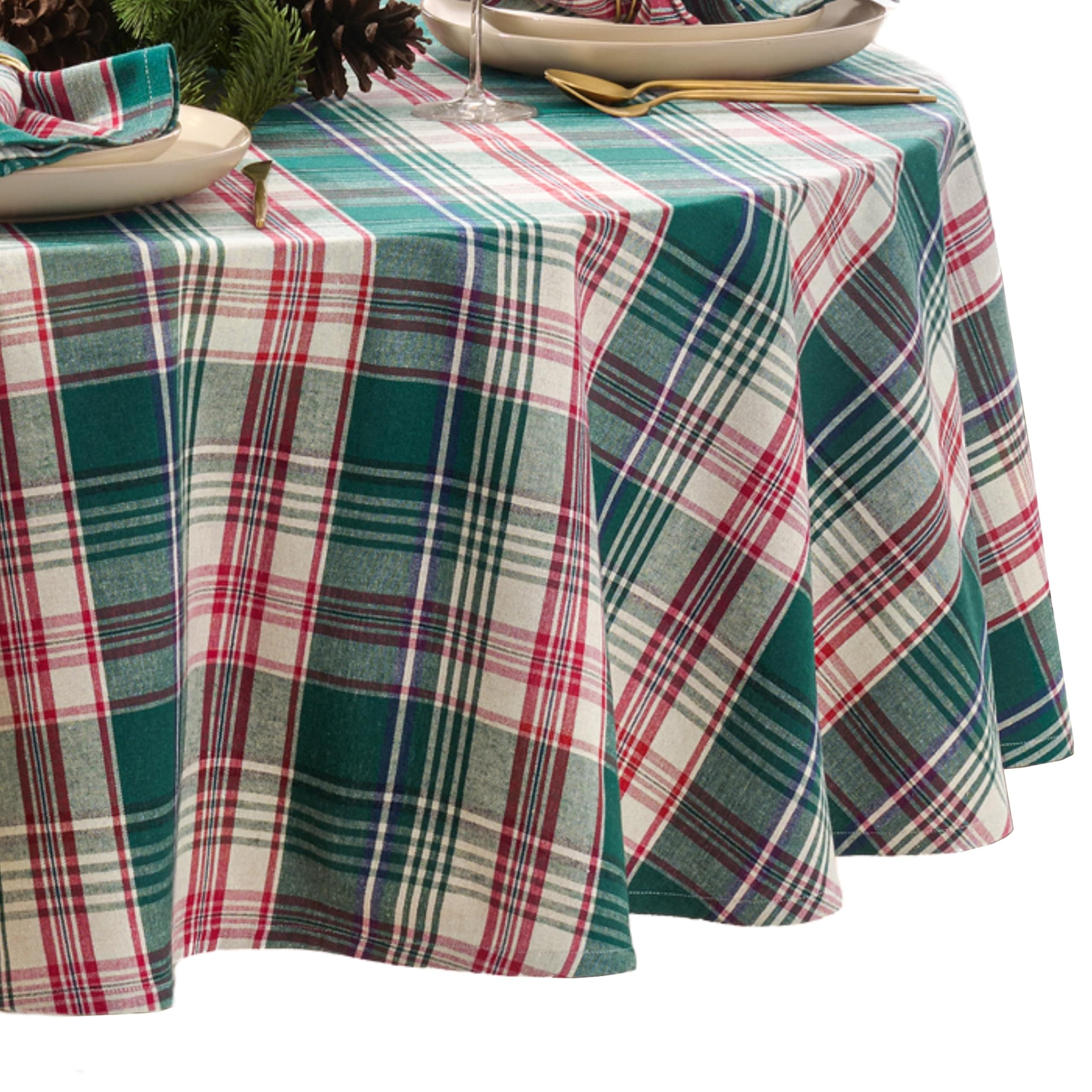 Elrene Home Fashions Holiday Fireside Red & Green Tartan Plaid Christmas/Winter Cotton Tablecloth, 70"x70" Round