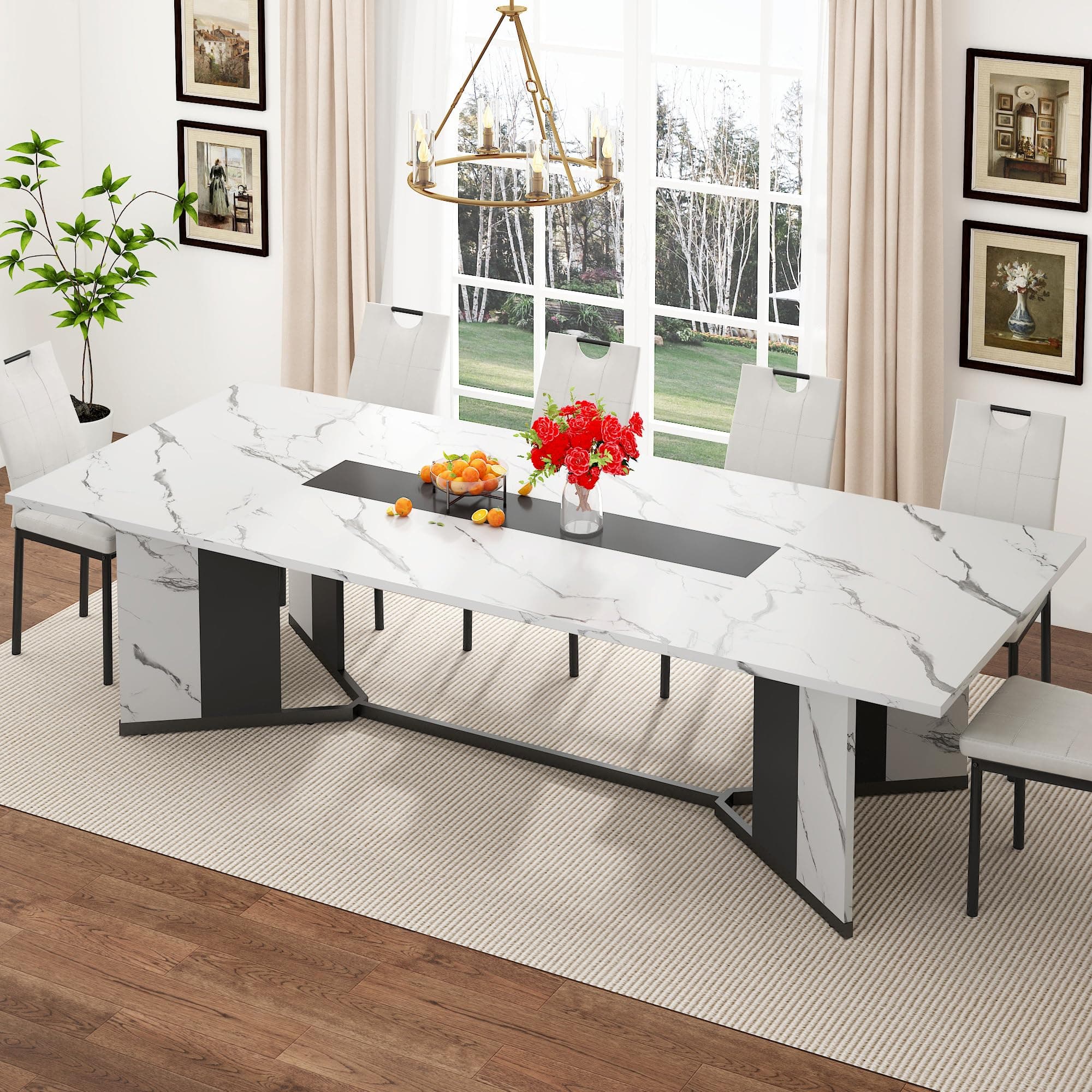 94IN Dining Table for 6 8 10 People|Modern Natural Rectangular Kitchen Table W/Waterproof Wood Tabletop,Farmhouse Long Dining Room Tables W/Foot Pads&Wood Strip Base for Kitchen Living Room(White)