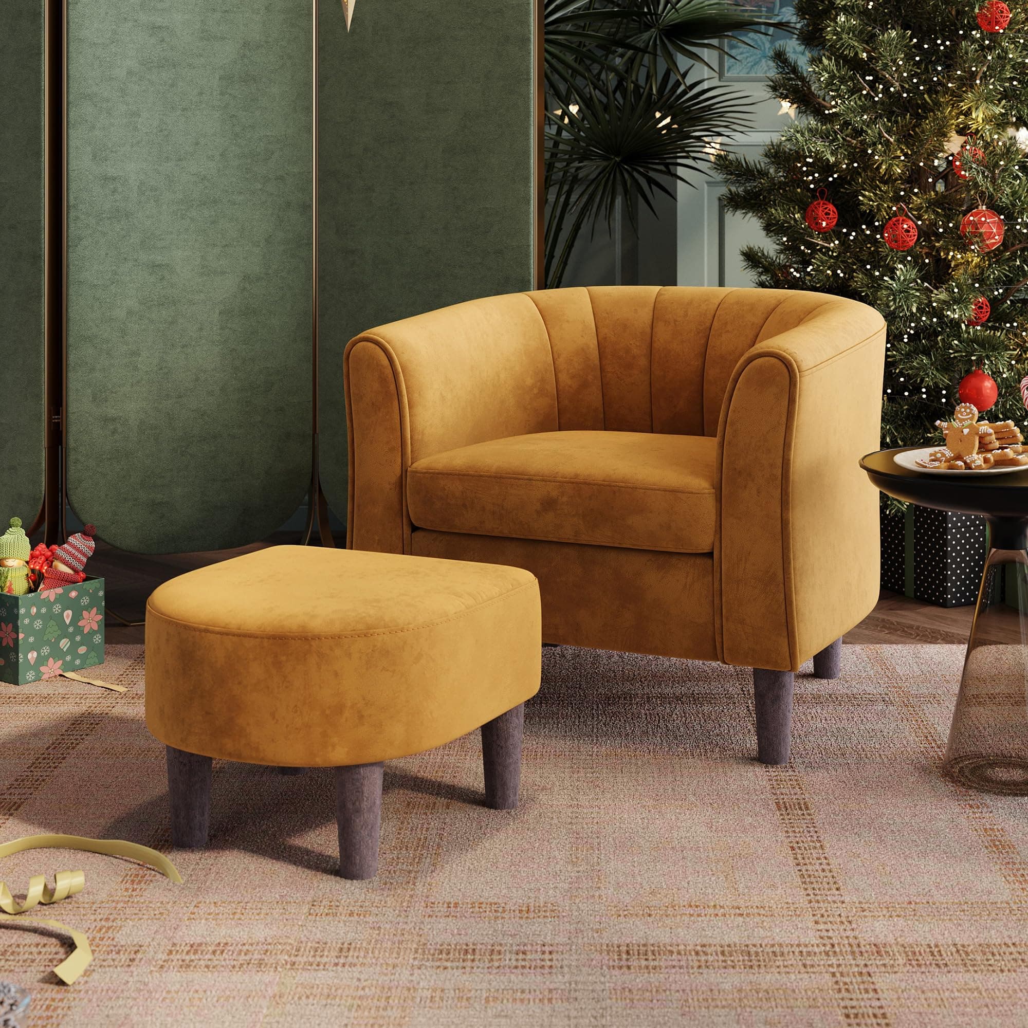 LINSY Accent Chair with Ottoman, Modern Armchair Comfy Barrel Reading Chair with Footrest for Living Room Bedroom Reading Room, Velvet, Yellow
