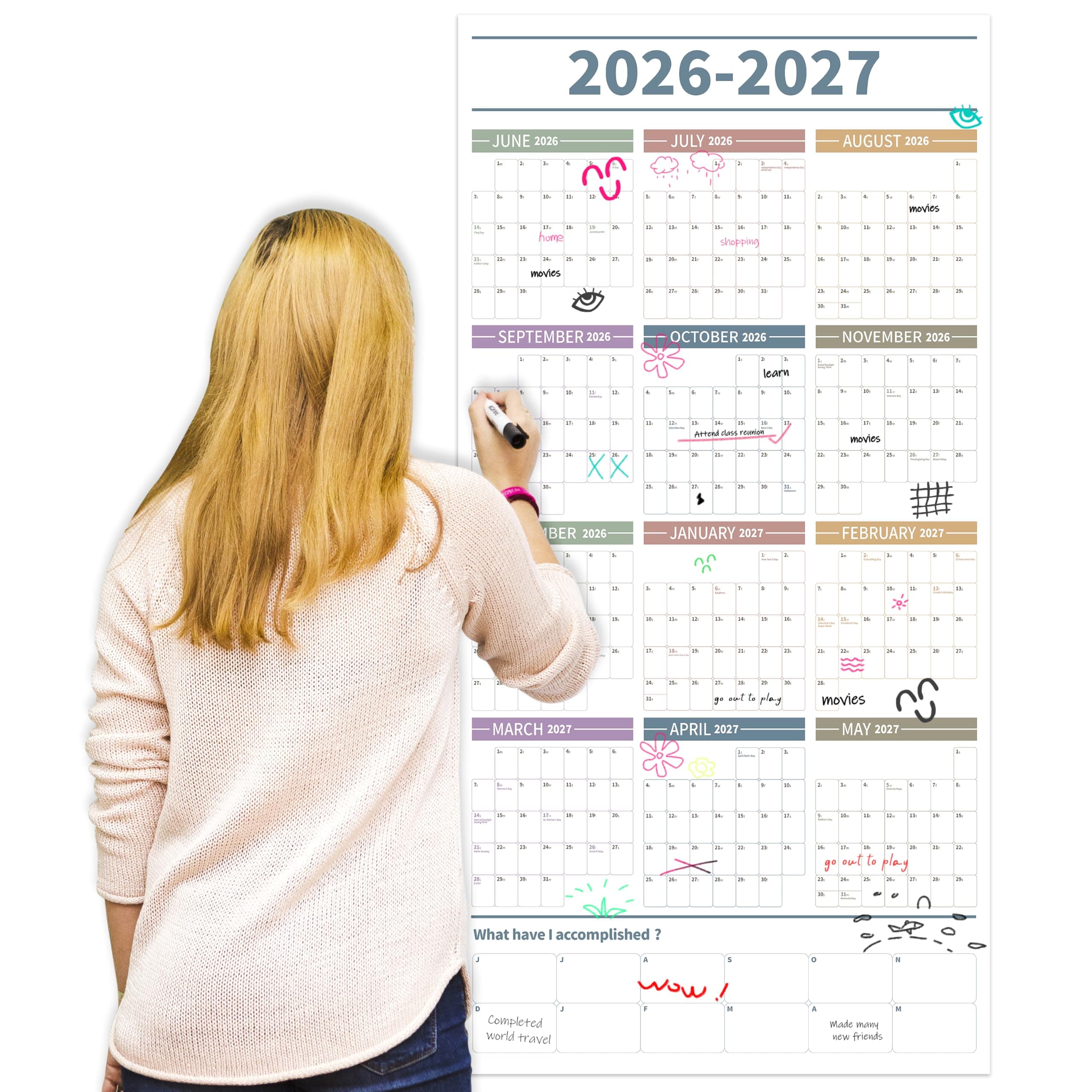 GuassLee Large Yearly Wall Calendar 2026-2027, Full Year Calendar One Page, Jun. 2026- May 2027, Annual Wall Calendar 2026, 24"X 48" Wall Calendar 2026 Large with Foam Stickers
