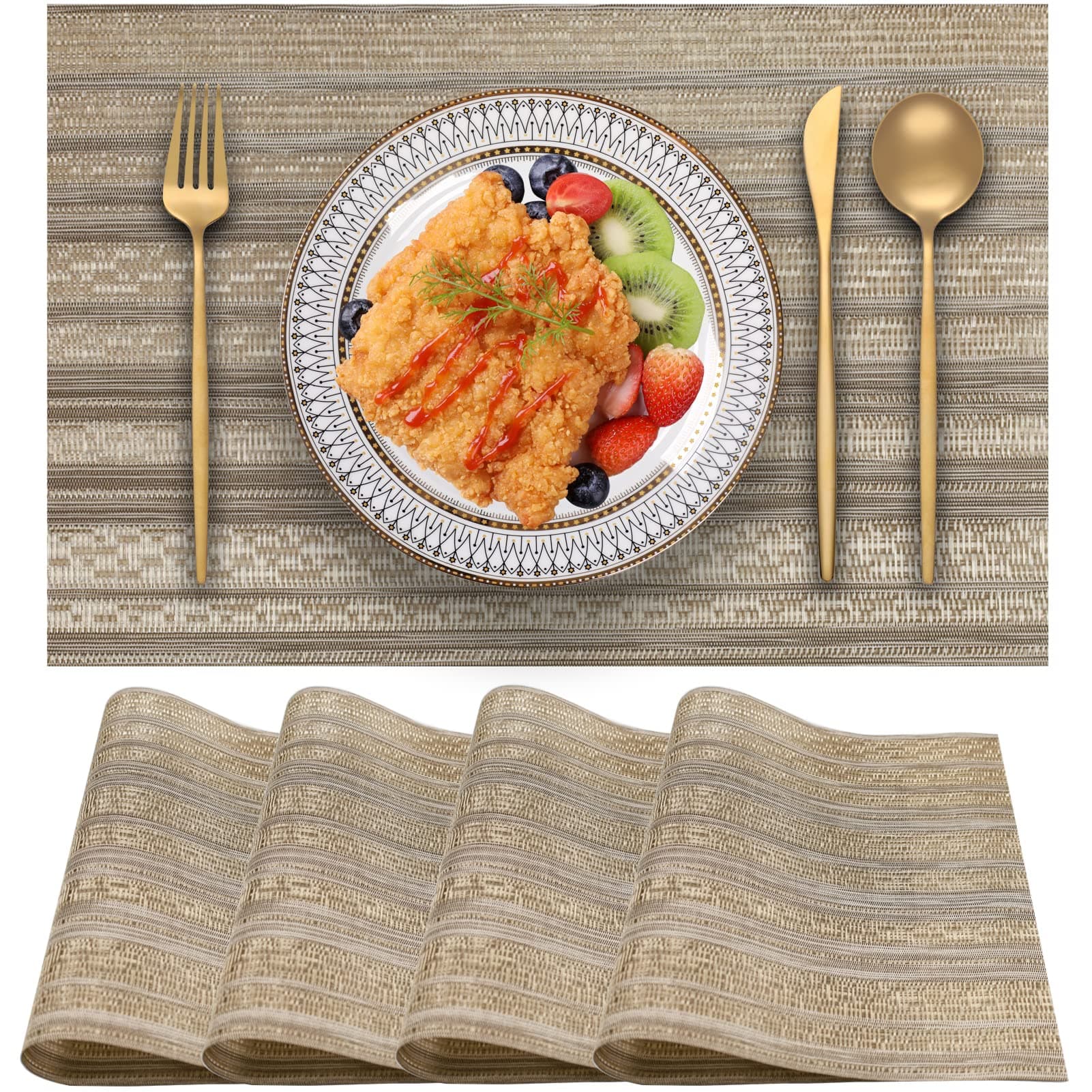 Blibalaskr Placemats,Table Mats Set of 4,Woven Place Mats,Non Slip Washable Placemat,Easy Clean Place Mat for Kitchen Table Outdoor Indoor Decoration(4 Piece Set,Coffee Color-A)