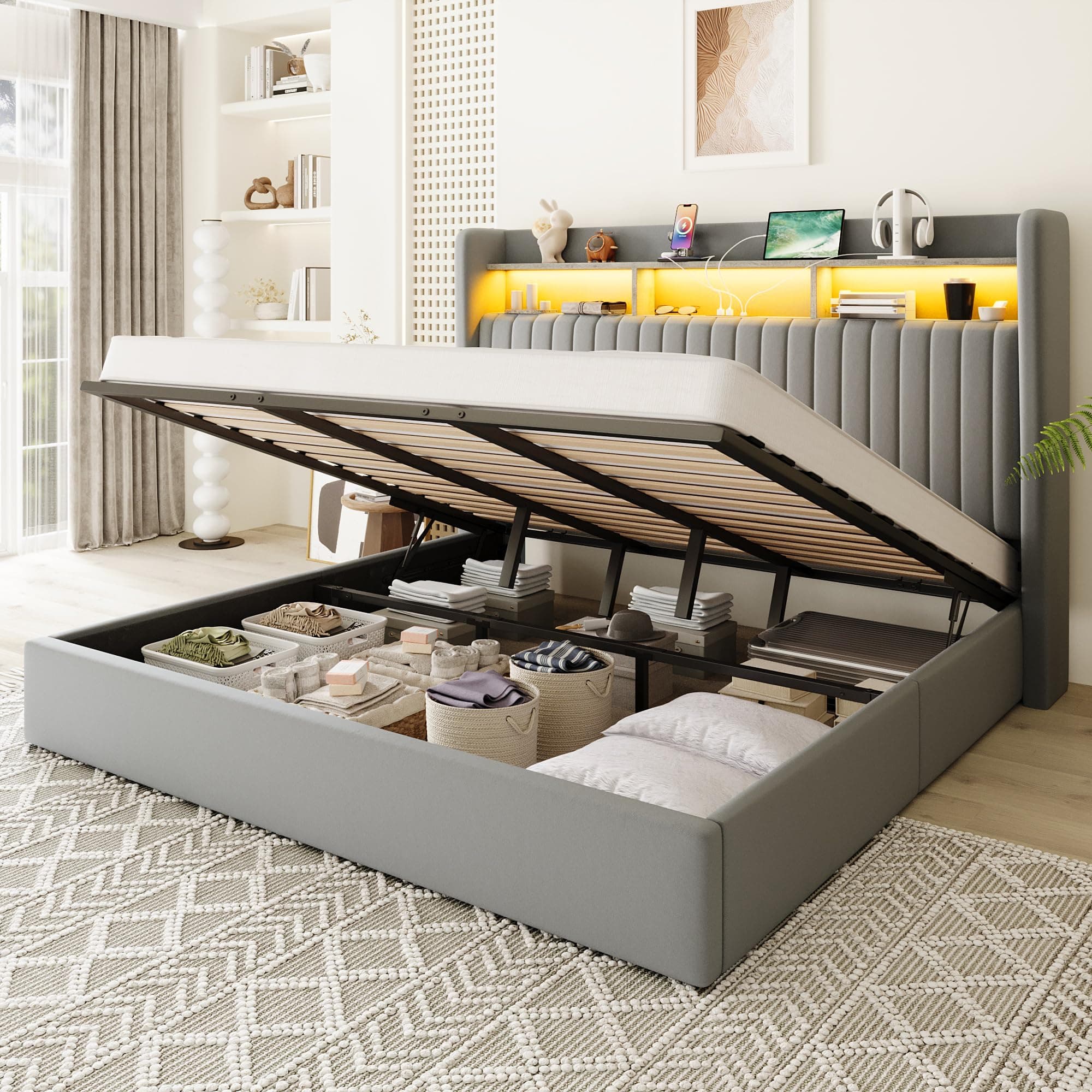 Allewie King Size Lift Up Hydraulic Storage Bed Frame, 2-Tier Shelf Headboard with LED Lights and Charging Station, USB and Type C Ports, Wingback Velvet Headboard, No Box Spring Needed, Gray