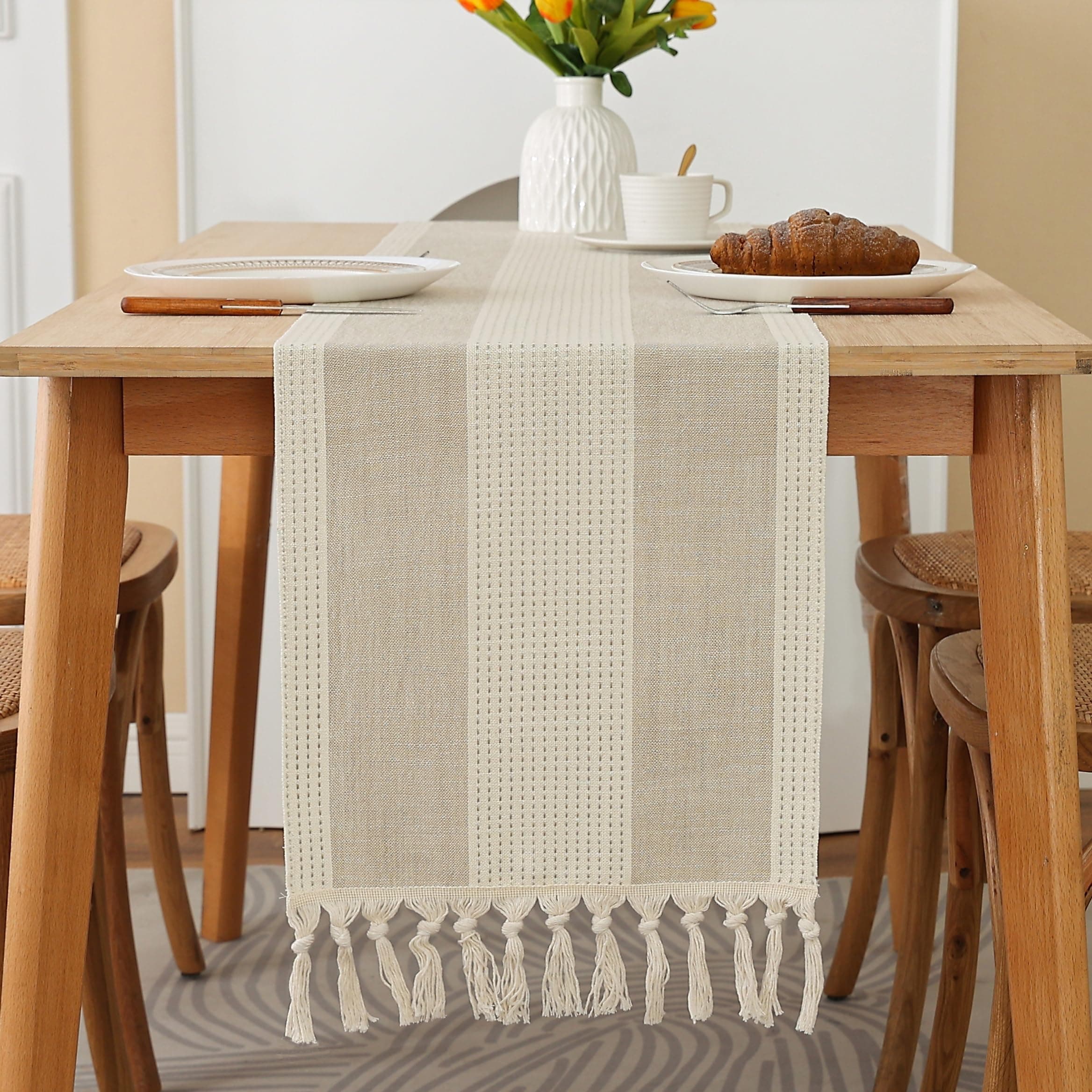 Gernaice Burlap Table Runners with Tassels 108 Inches Long Boho Wide Striped Farmhouse Linen Table Runner Table Accessories Table Cover for Party Holiday Home Kitchen Decor 13X108 Inches Beige