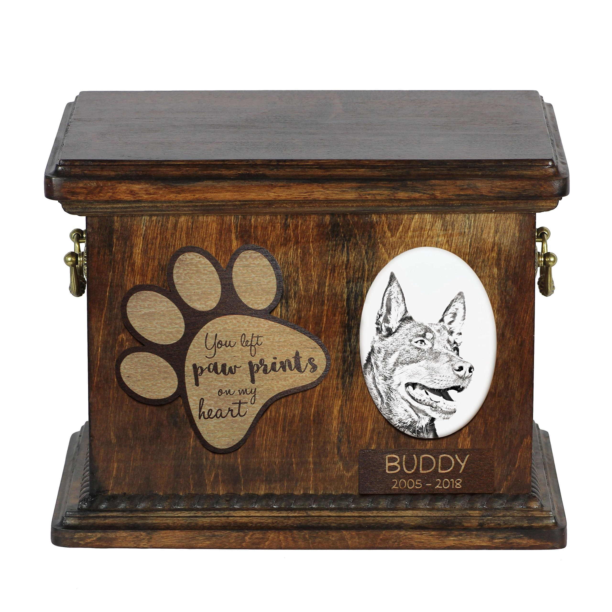 Art-Dog Custom Dog Memorial Urn - Handmade Cold Cast Bronze Portrait on Birch Base with Personalized Ceramic Plate - Elegant Dog Cremation Box – 8,3x11,4x8,7” – Australian Kelpie