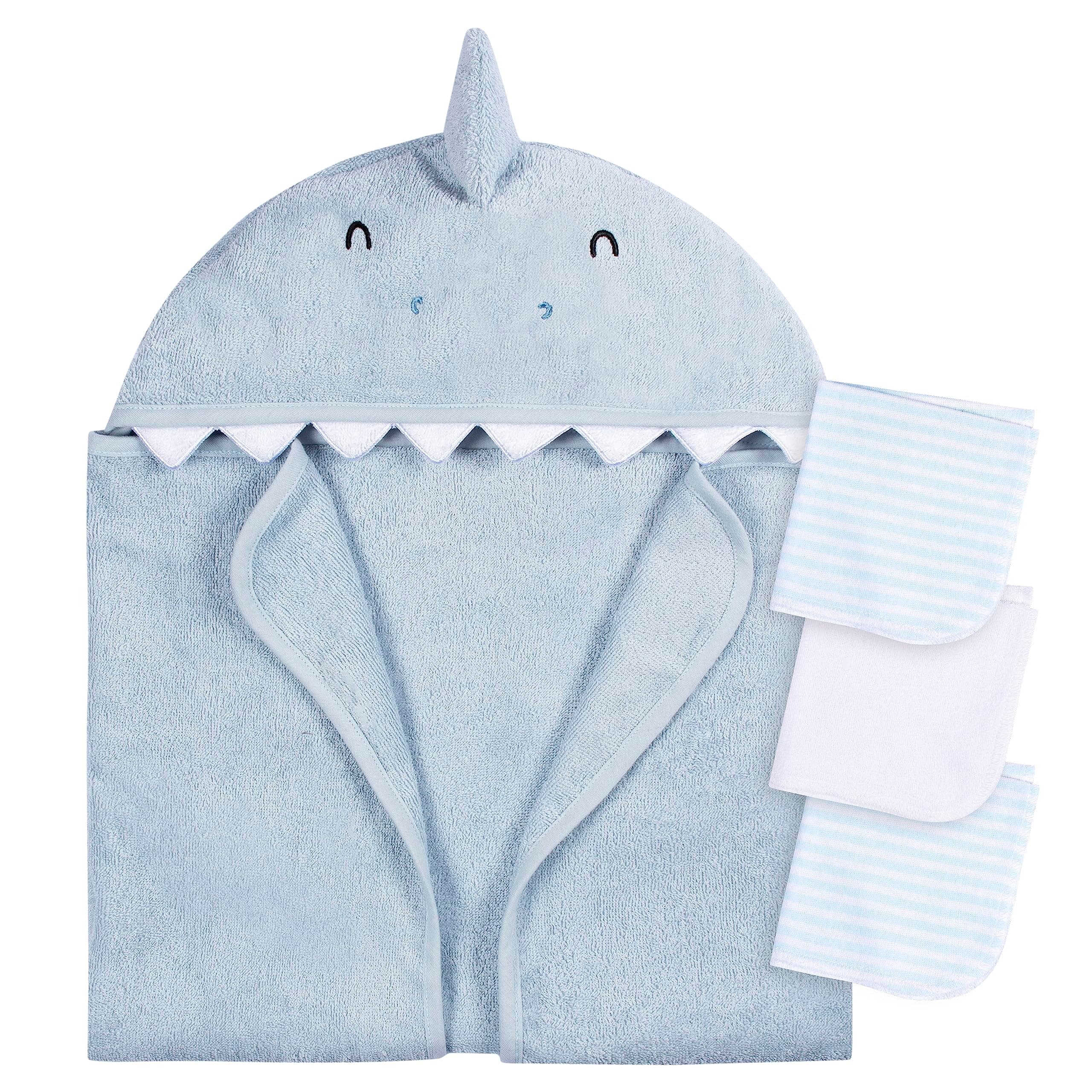 Gerber Baby 4 Piece Animal Character Hooded Towel and Washcloth Set, Blue Shark, One Size